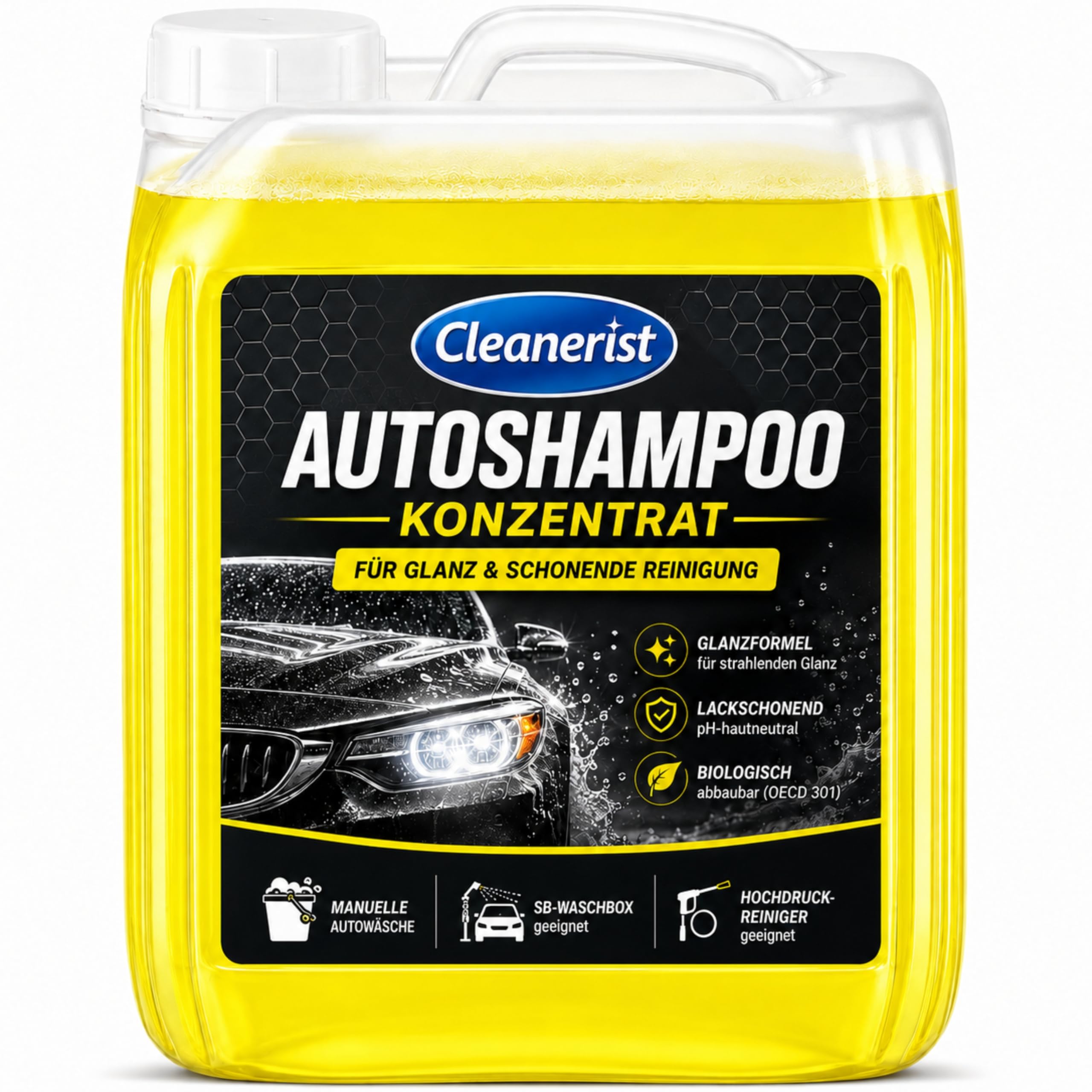 Cleanerist | 5L Autoshampoo Konzentrat für Glanz, manuelle Autowäsche & SB-Waschbox, pH-hautneutraler Autoreiniger für Lack, Hochdruckreiniger, PKW & LKW, gelbes Shampoo