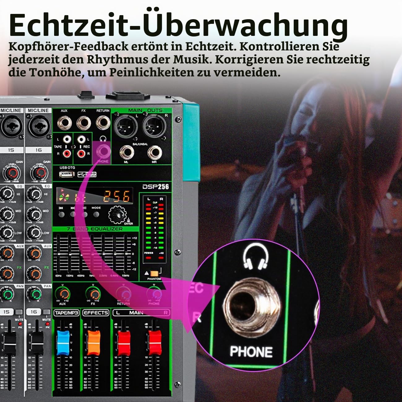 Depusheng PA16 Professional Audio Mixer Soundboard Konsole Schreibtischsystem Schnittstelle 16 Kanal Digital USB Bluetooth MP3 Computereingang 48V Phantomspeisung Eingebauter 256 Reverb Effekt