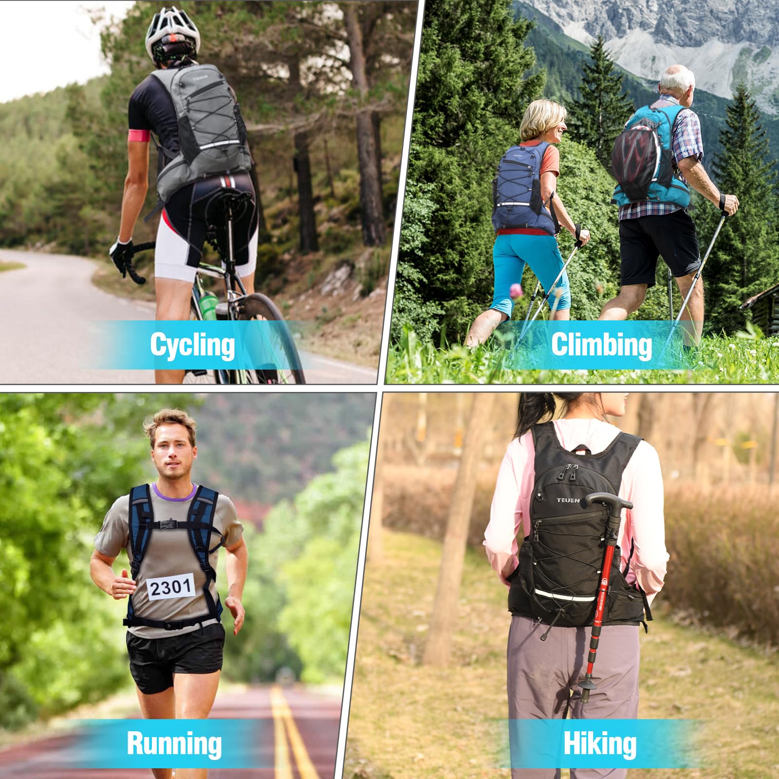 TEUEN Sac à Dos VTT Grande Capacité 10L, Équipé Sac Hydratation (Poche à Eau 2L Reservoir) Sac de Vélo Alpinisme Montagne Sport Course Camping, Sac Trail Running pour Marathon Randonnée