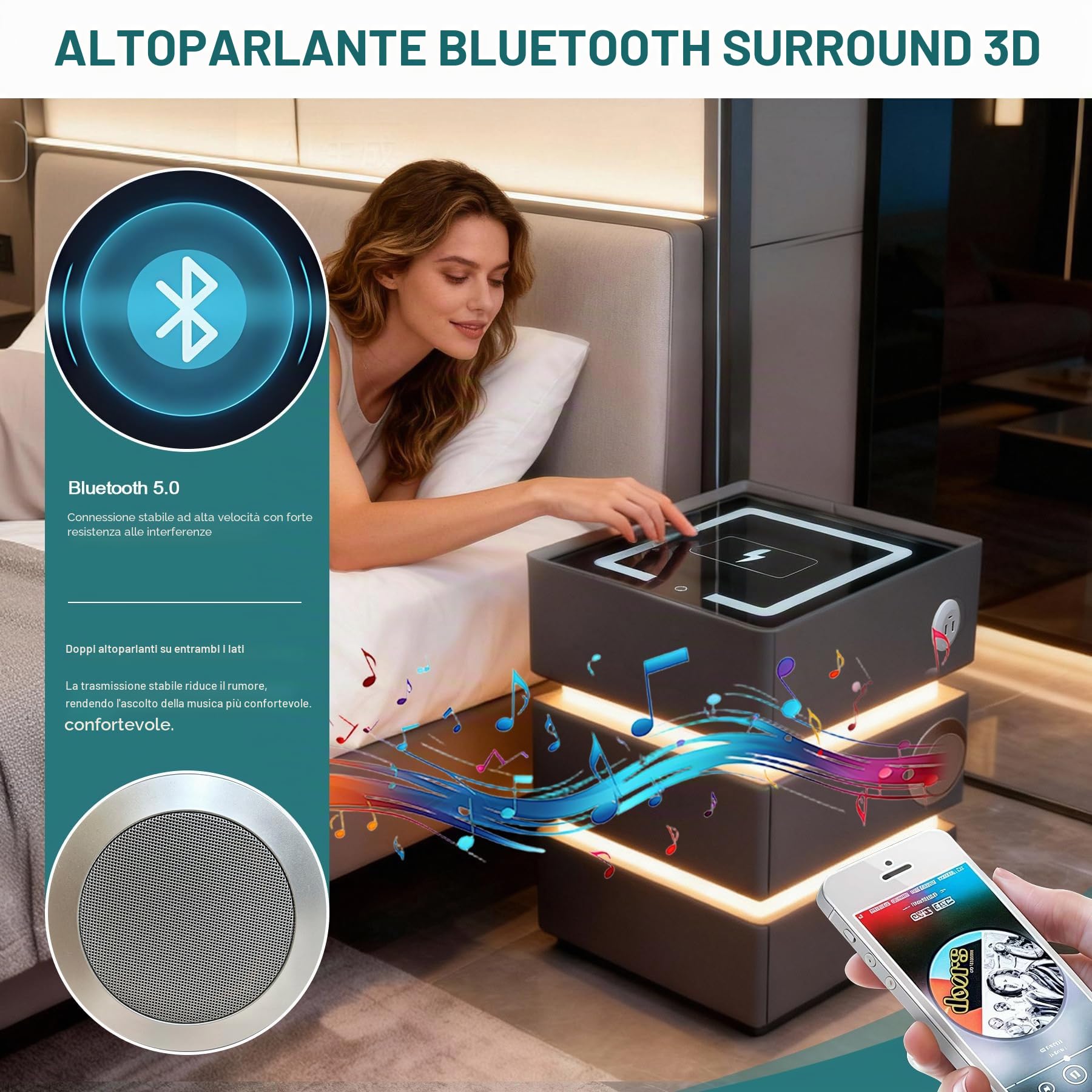 Juego 2 Mesitas Noche Modernas Pack con LED 3 Colores, Estación de Carga 4-en-1, Bluetooth+Sensor, Madera Maciza+Vidrio, 45x40x59cm, Gris Oscuro, per camera da letto
