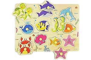 Wooden Peg Puzzle: Vibrant 11-Piece Sea Creature Puzzle for Curious Toddlers