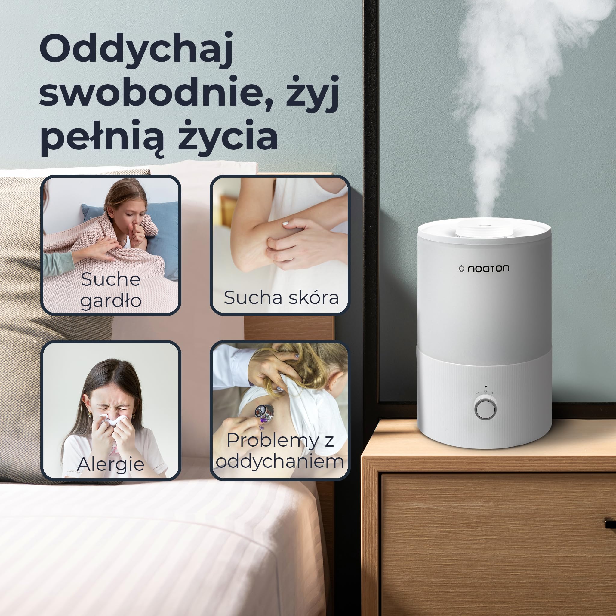 Noaton Essential Nawilżacz powietrza do sypialni 3,3L, dla dzieci i roślin, napełnianie od góry, czas pracy 33 godziny, oświetlenie LED, kontrola mgiełki, lampka nocna…