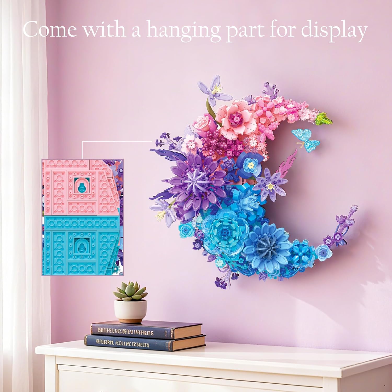 Moon Flower Building Set, 977 PCS Artificial Botanical Collection (Rose Peony Camellia), Crescent-Shaped Wall Art or Desk Decor for Home Office, Birthday Mothday's Day Gifts for Women Adult