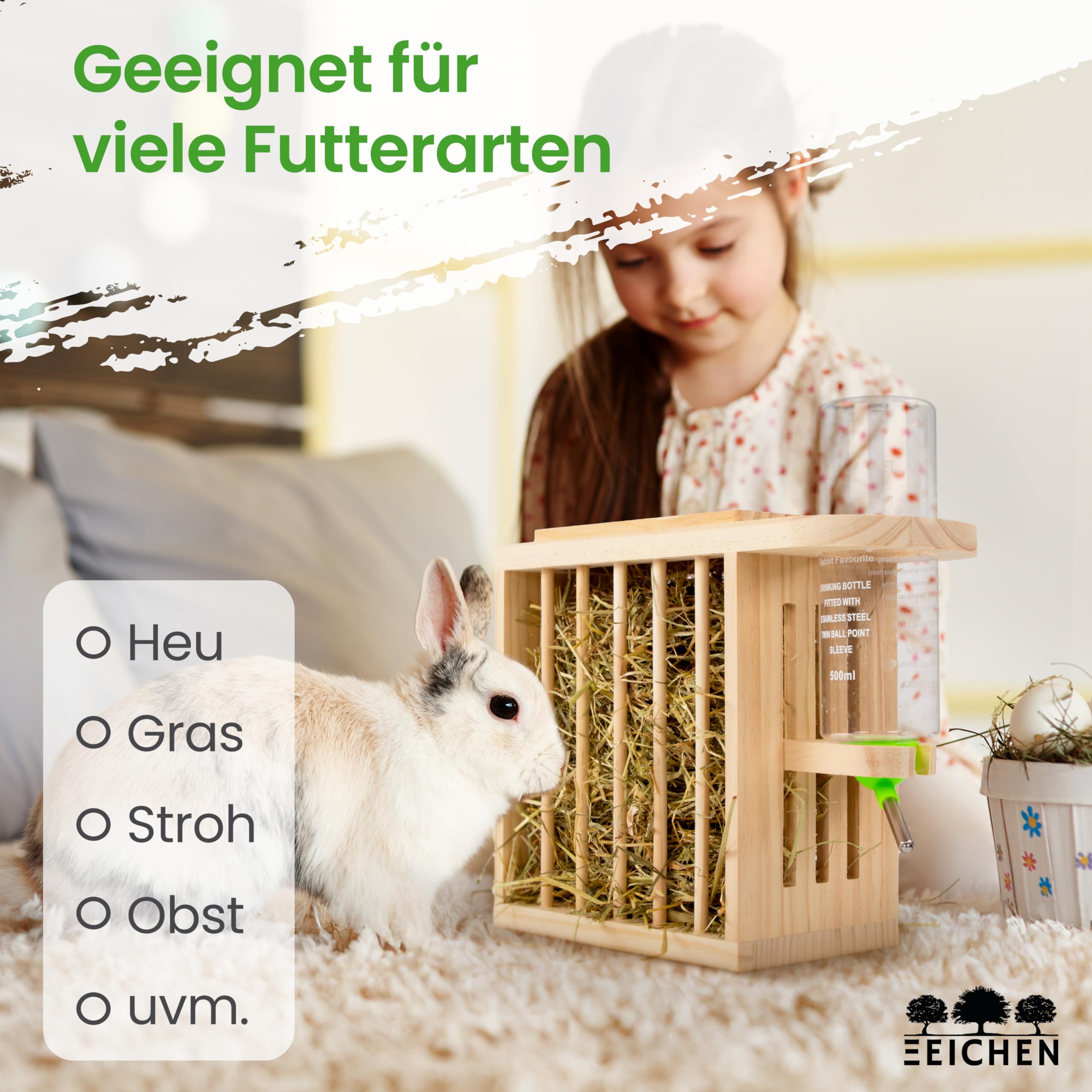 Heuraufe inkl. höhenverstellbarer Trinkflasche. Naturholz. Meerschweinchen Heuraufe, Kaninchen, Hasen, Hamster Trinkflasche. Perfekt für Kaninchenstall. Hasen Zubehör Kaninchen Zubehör | Drei Eichen