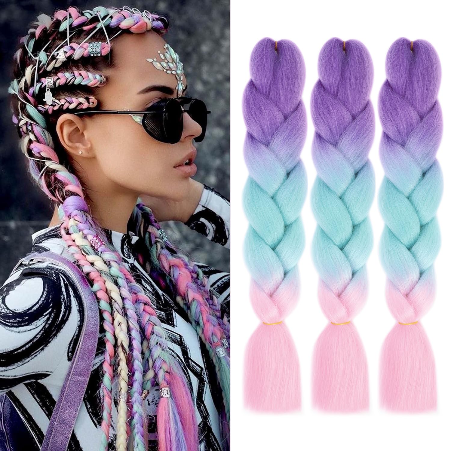 Pink Braiding Hair Extensions Ombre Braiding Hair Pre stretched 24inch 3Packs Colored Braiding Hair Extensions #Purple-green-pink