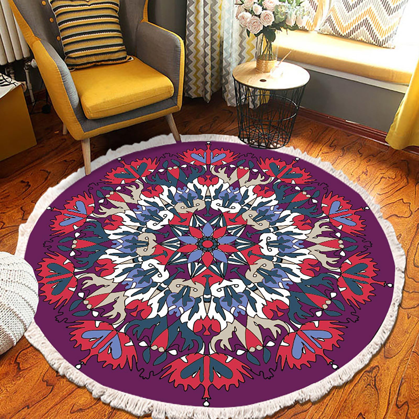 Tapis rond bohème 120cm à motifs floraux et pompons pour le salon