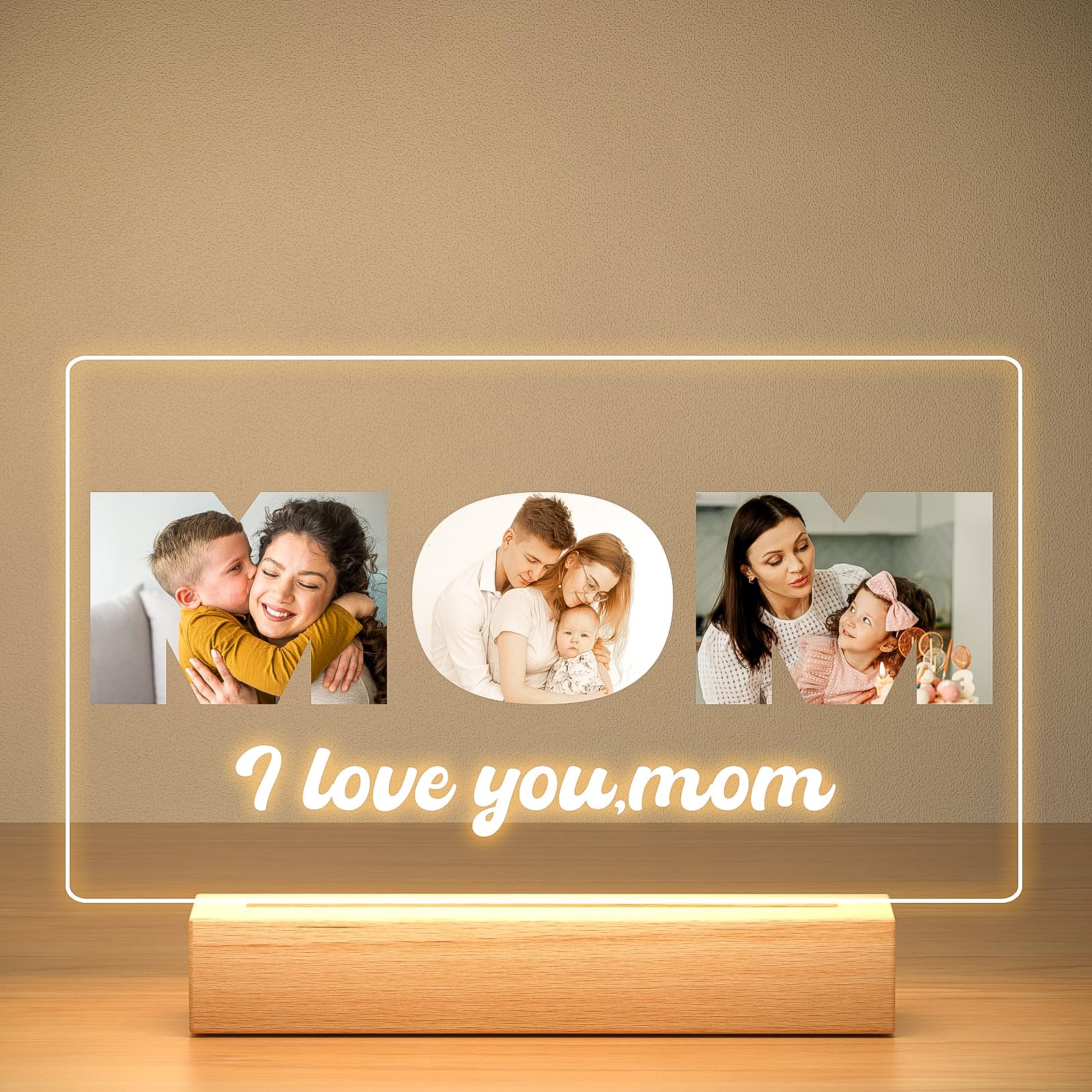 Custom MOM Picture Frame with Photo, Personalized Photo Frame with Night Light, Customized Picture Frames, Personalized Birthday Gifts for Mom from Daughter & Son