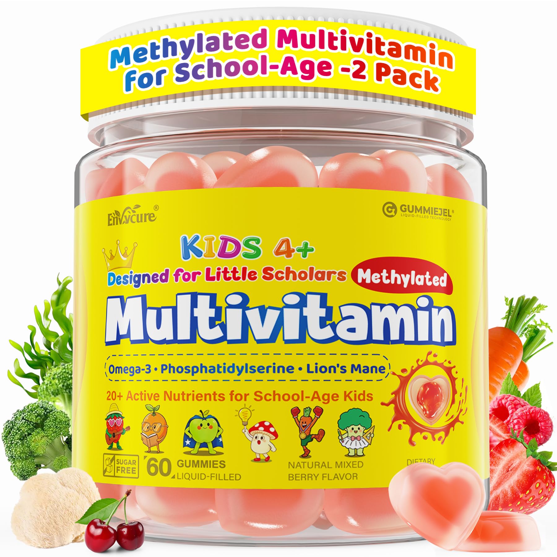 Kids Methylated Multivitamin Gummies with Omega 3 DHA/EPA, Methyl 12 &amp; Folate, Lion's Mane Mushroom, Vitamin D3, C, Zinc, Magnesium, Picky Eater Vitamins Children 4+ for Brain, Focus, Sugar Free,2Pack