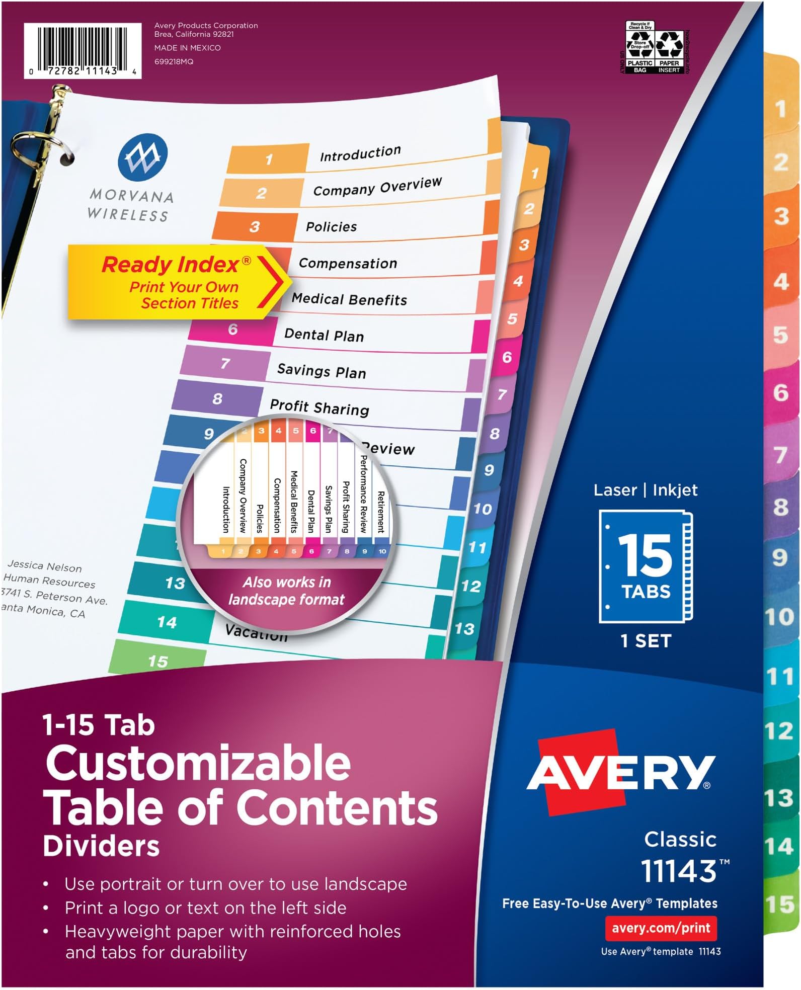Dividers for 3 Ring Binders, 15 Tabs per Set, Customizable Table of Contents, Multicolor Tabs, Great for Organizing Reports, Projects, and More (11143)