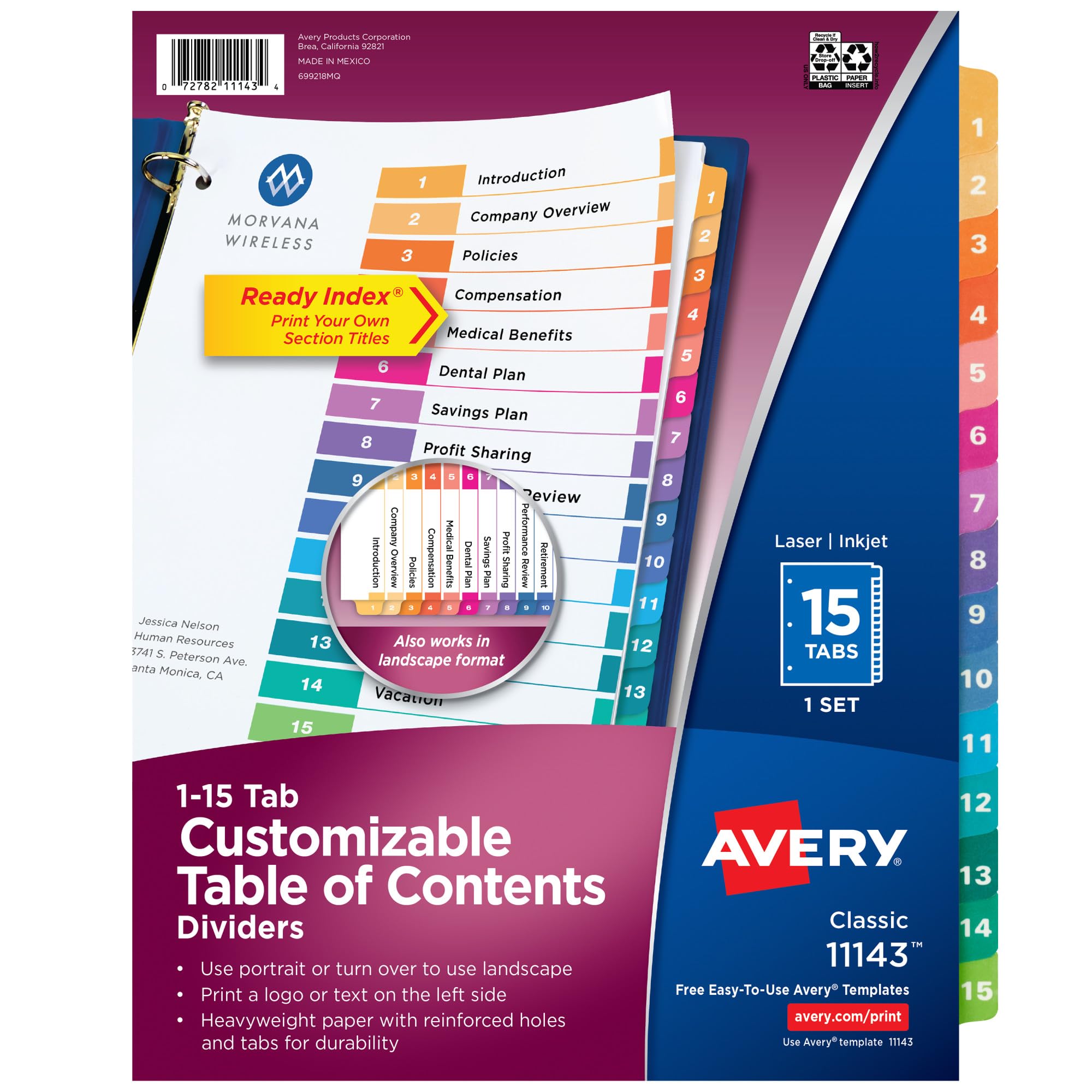 Avery Dividers for 3 Ring Binders, 15 Tabs per Set, Customizable Table of Contents, Multicolor Tabs, Great for Organizing Reports, Projects, and More (11143)