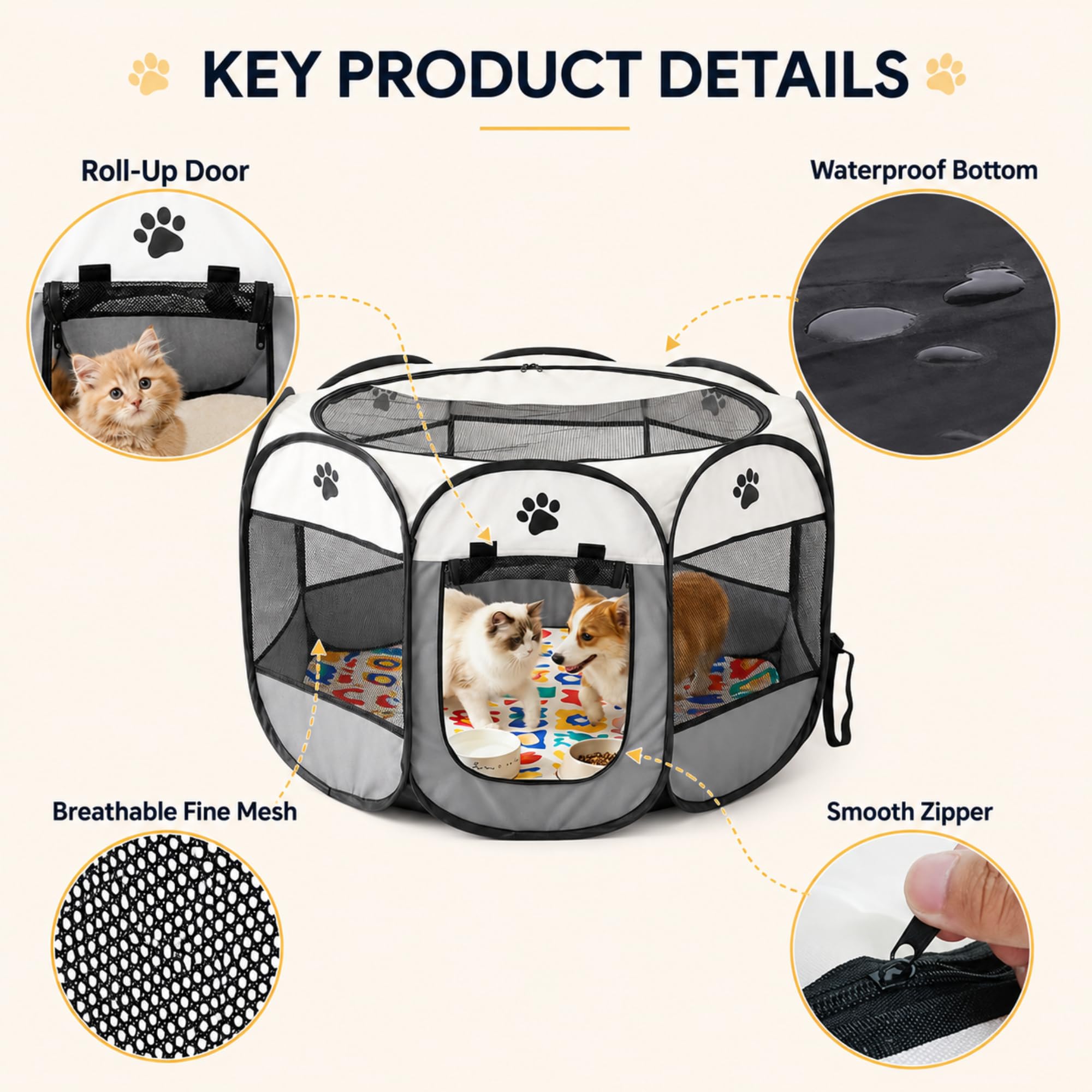 Caño plegable para cachorros, 74 x 74 x 43 cm, parque para cachorros y gatos para el hogar, parque plegable para perros, gatos, conejos, interior y exterior, recinto para animales pequeños (gris)