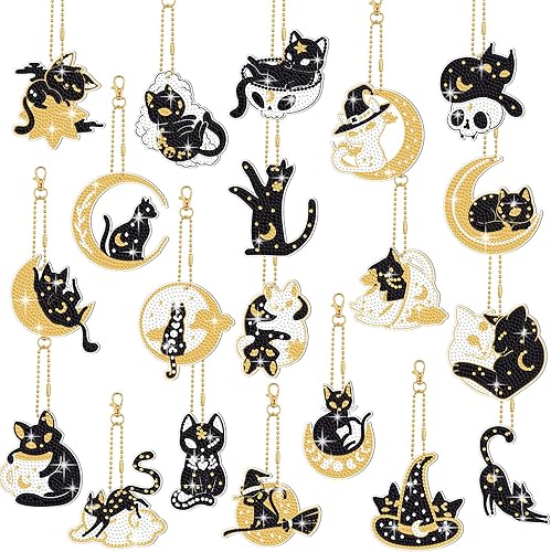 Juego de 20 llaveros de pintura de diamante de gato con herramientas, lindo gato colgante de pintura de diamantes llaveros adornos para niños y