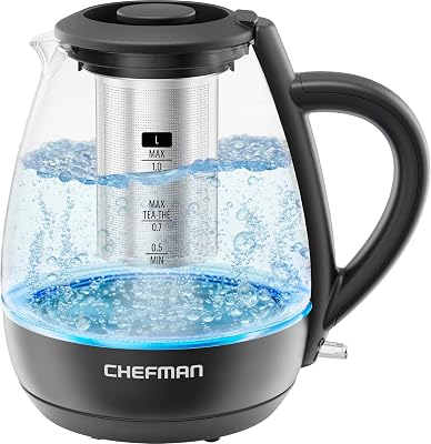 Chefman 1L Small Electric Kettle with Tea Infuser 1500W, BPA Free | Auto Shut-Off, Removable Lid, Boil-Dry Protection, Stainless Steel Filter