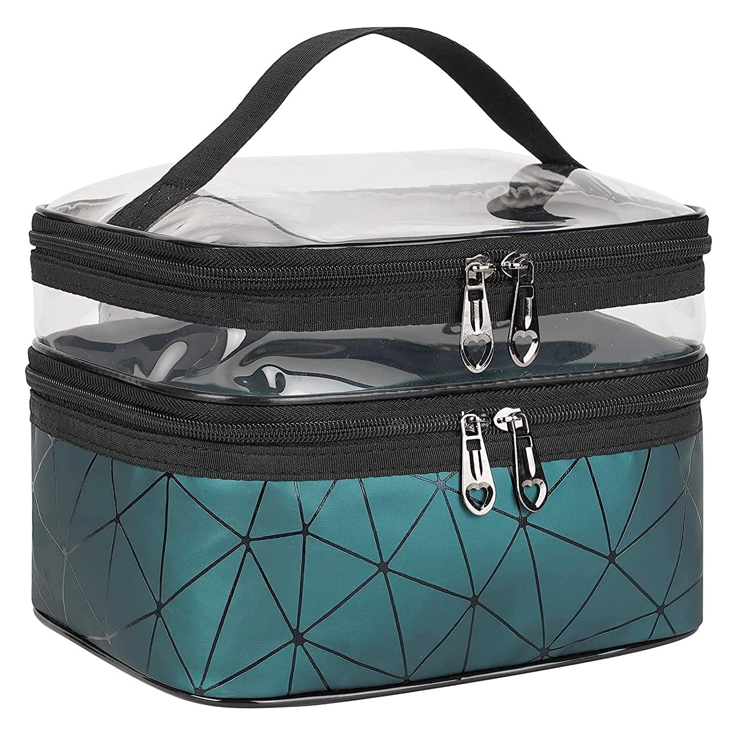 SILENCIO PVC Transparent Makeup Bags Double Layer Travel Cosmetic Cases Make Up Organizer Toiletry Bag With 2 Zipper For Women & Girl (Diamond Green)