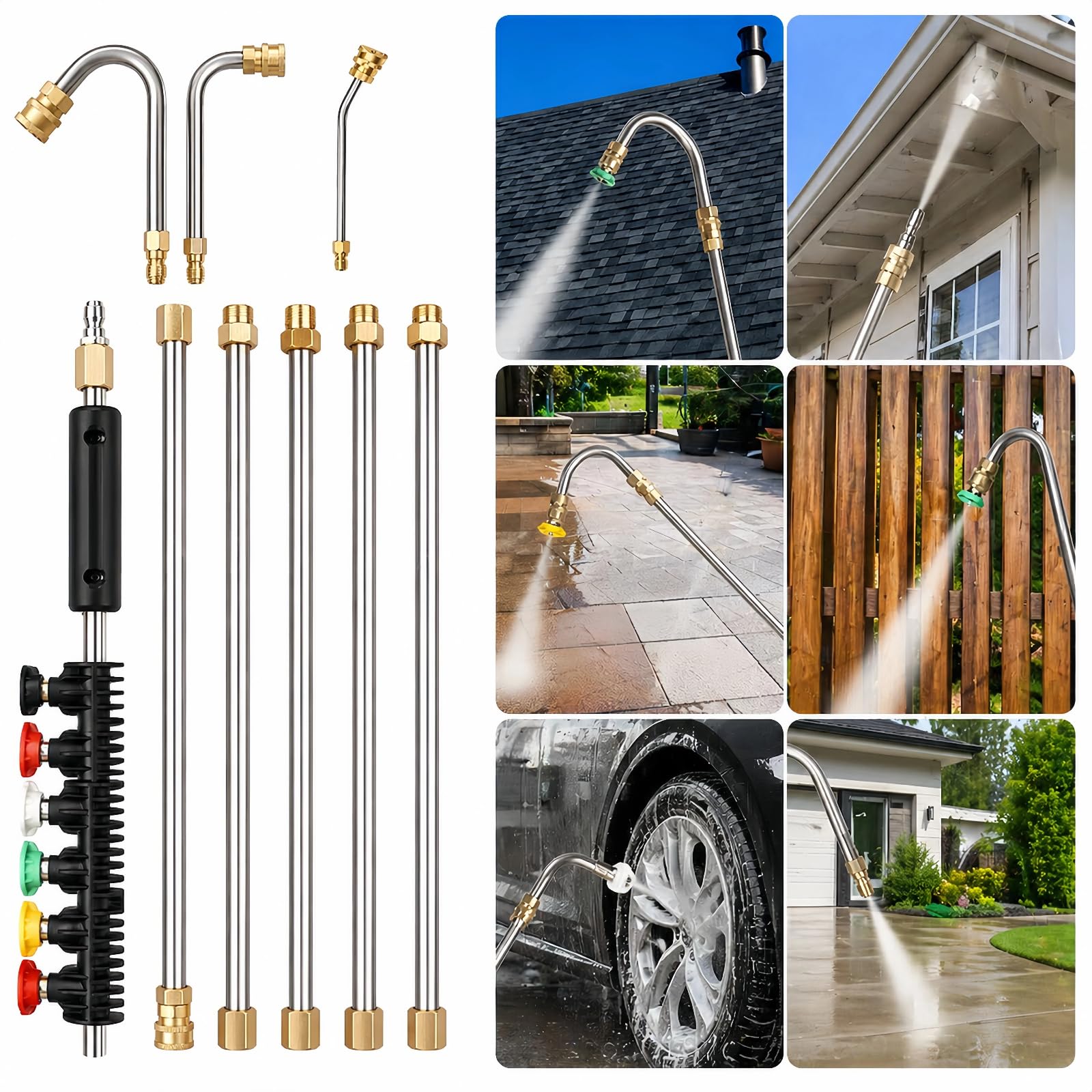 Set di aste di prolunga per idropulitrice ad alta pressione, 10 pezzi, 4000 psi, in acciaio inox con attacco rapido da 1/4", 6 ugelli + 3 barre angolari per tetto, grondaia, facciata e auto