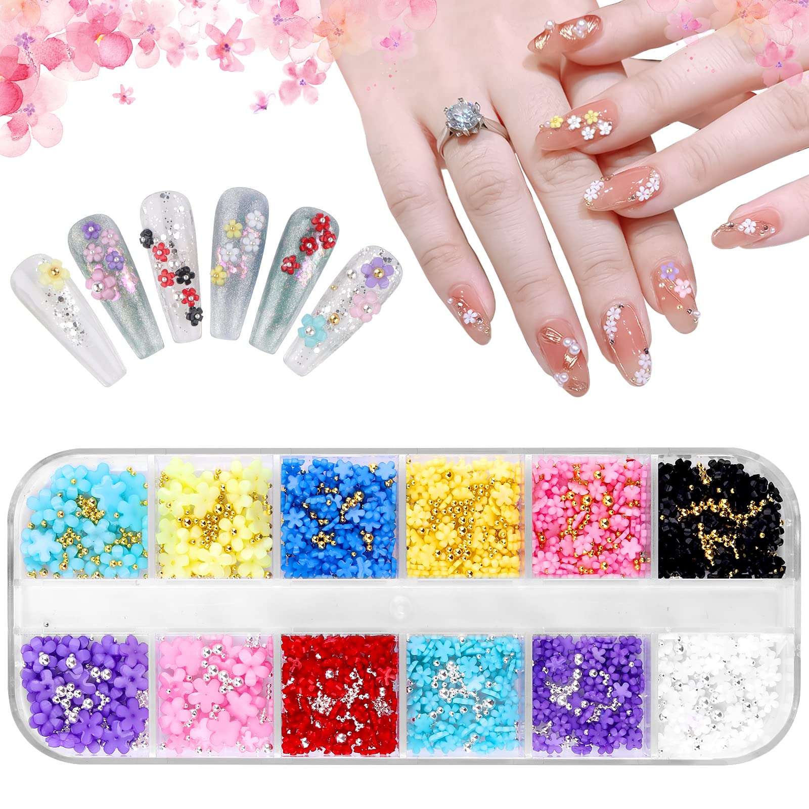 12 Grids 3D Flower Nail Art Charms, EBANKU 3D Flower Nail Rhinestone with Gold & Silver Beads for Acrylic Nails Colorful Flower Nail Charms Supplies DIY Nail Decorations for Women Girls