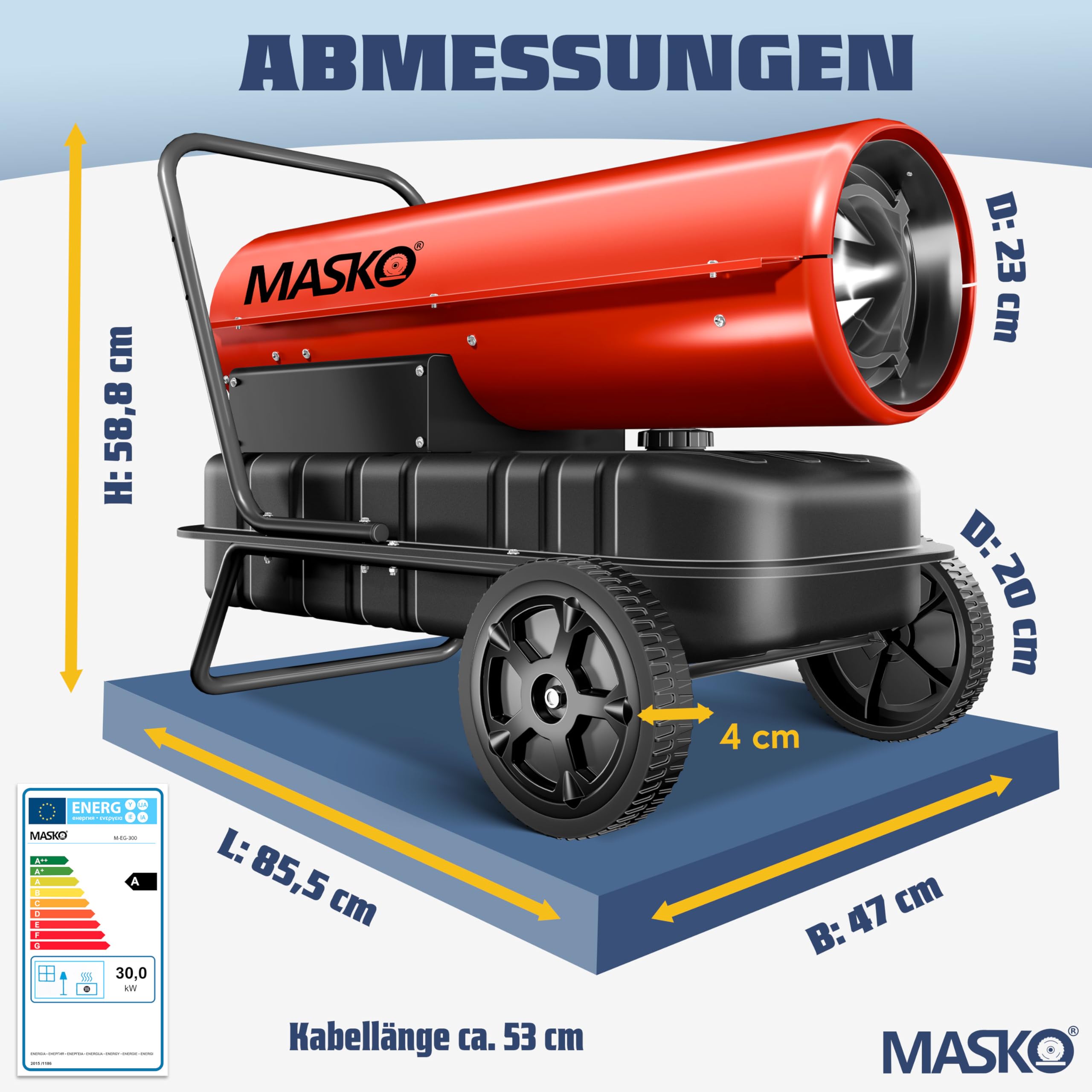 Masko® Canon de Chauffage 30 KW Diesel Sécheur de Chantier Chauffage de Chantier Générateur d'air Chaud radiateur soufflant 34 L Réservoir avec Thermostat Chauffage au fioul Débit d'air, Rouge/Noir