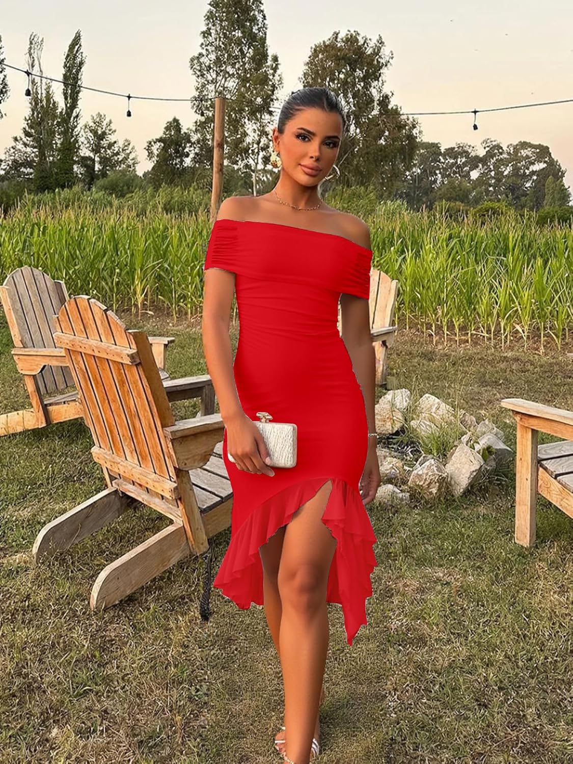 BORIFLORS Women's Sexy Off The Shoulder Bodycon Midi Dresses Elegant Ruched Ruffle Hem Cocktail Party Dress - Image 3