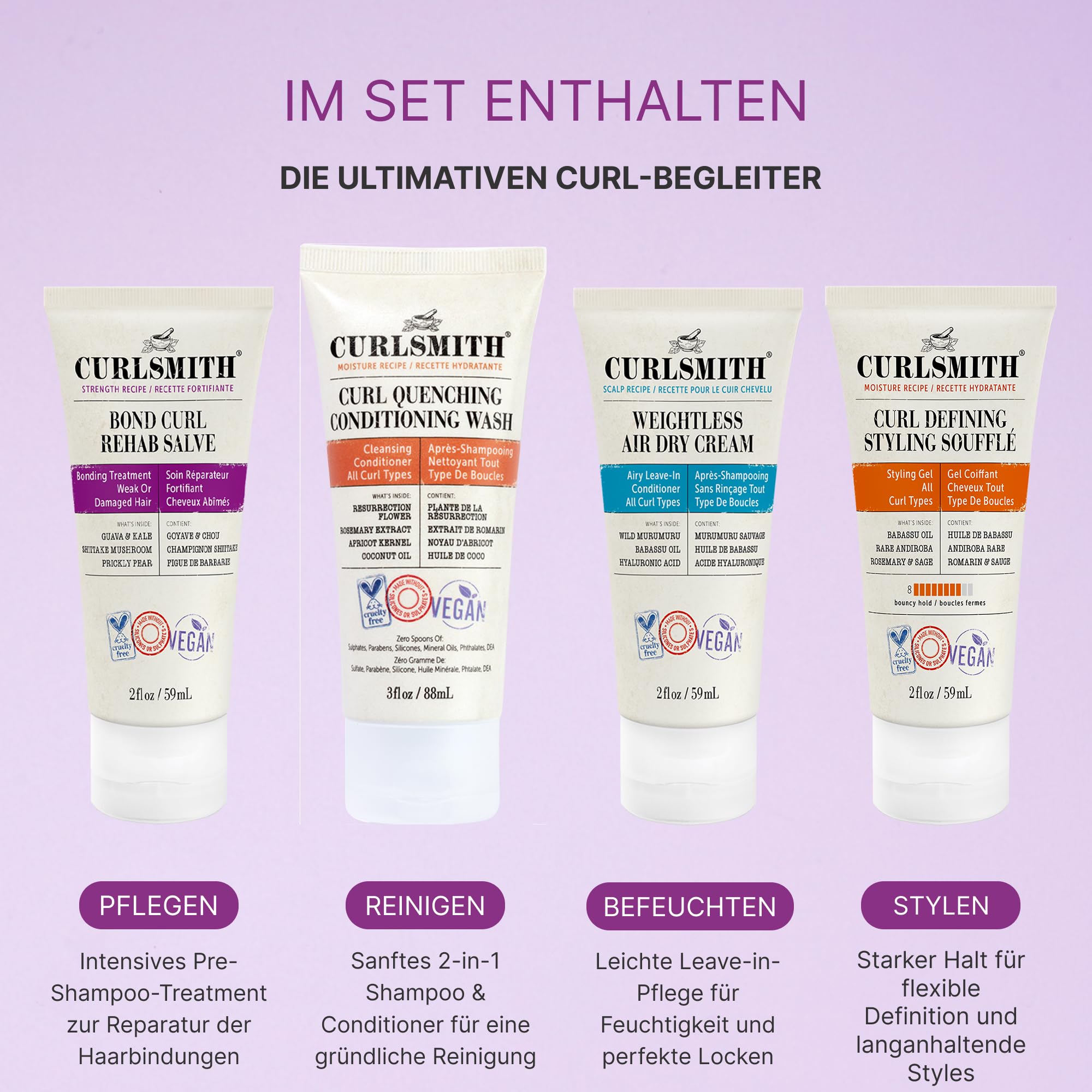 Curlsmith Reisegrößen-Set für alle Lockentypen Enthält Kraft, Feuchtigkeit und Kopfhautrezepte | Vor-Shampoo-Behandlung, Shampoo & Conditioner, Leave-In Conditioner und Styling-Soufflé.