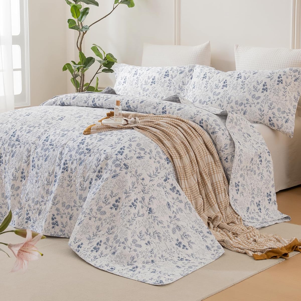 Sanracie 100% Cotton Oversized King Bedspread 128"x120", Shabby French Country Chic White and Blue Floral Botanical Bedspread Sets 3Pcs Soft Breathable Vintage Garden Floral Quilt Sets for All Season