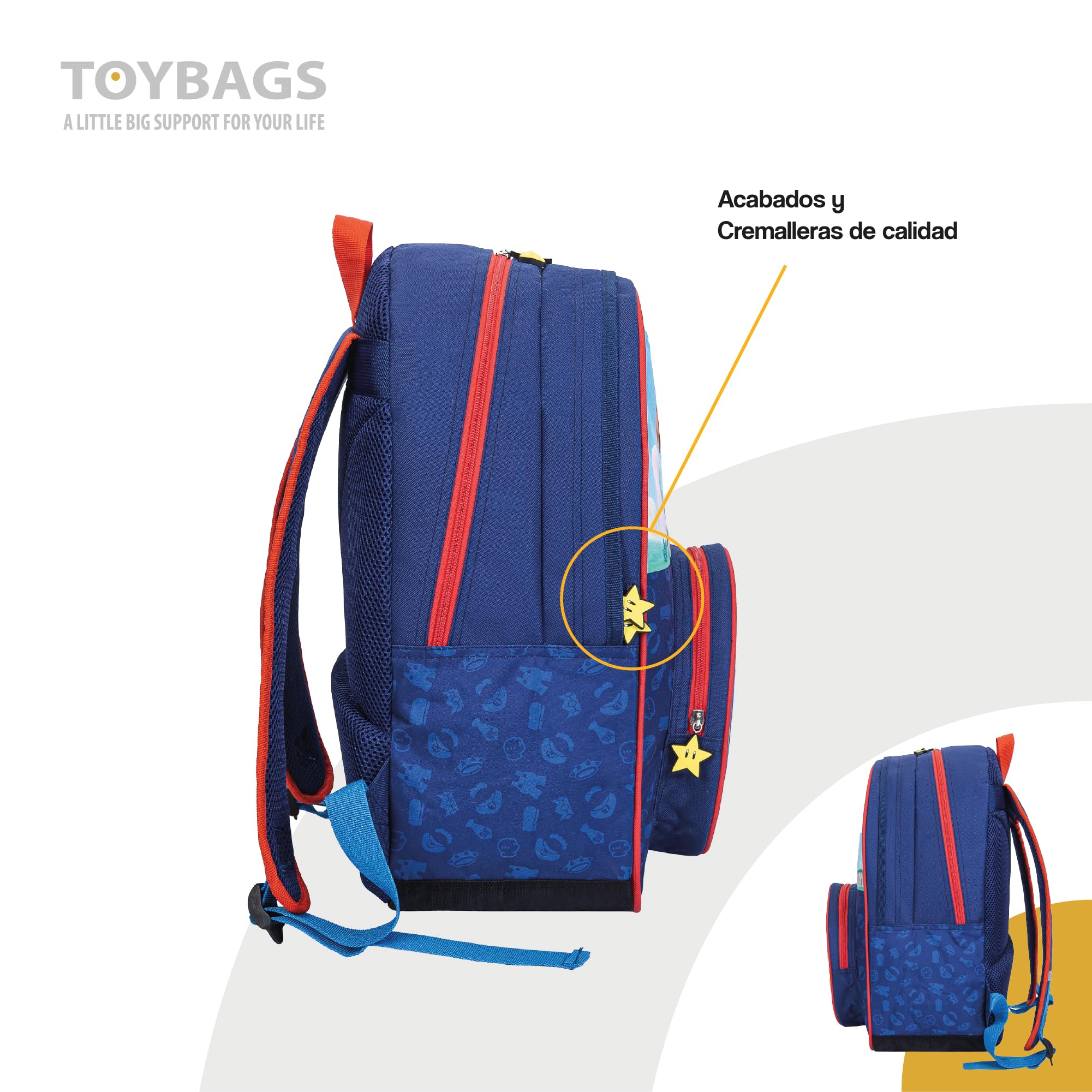 TOYBAGS Super Mario Mochila Escolar - Bolsillo Frontal Redondo - Adaptable al Carro - Correas Ajustables - Espaldera Acolchada - 45 x 32 x 20 cm