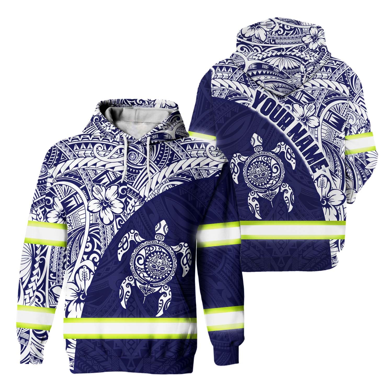 Matedecor High Visibility Hoodie Men Reflective Safety Hoodie Blue White Turtle Hawaiian Polynesian Tribal Custom Name Workwear For Worker, Runners, Walkers, Truckers