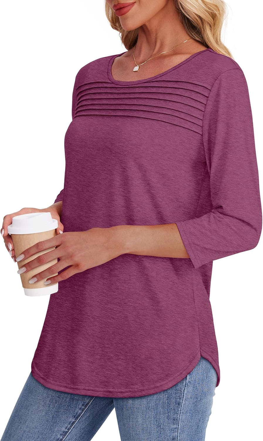 OFEEFAN Womens Tops 3/4 Length Sleeve Blouses Dressy Casual Spring Summer Fall Outfits Pleated Front T Shirts Curved Hem - Image 4