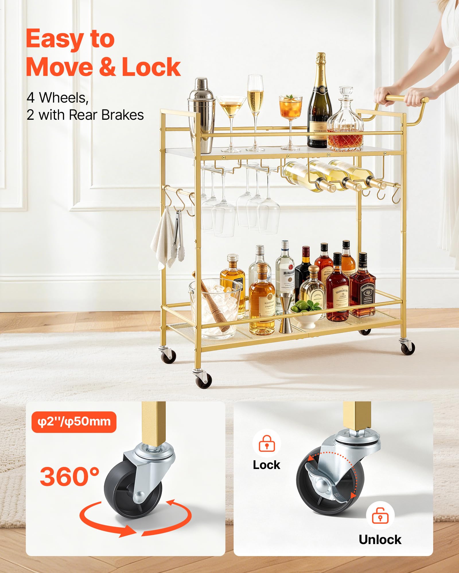 VEVOR Desserte Polyvalente, Chariot de Service pour Bar 2 Niveaux 86x30x83 cm, Rangement Vins Ustensiles Boissons Cuisine, Bar Roulant Étagères en Bois et Grillagée, avec Range-bouteilles Porte-verres
