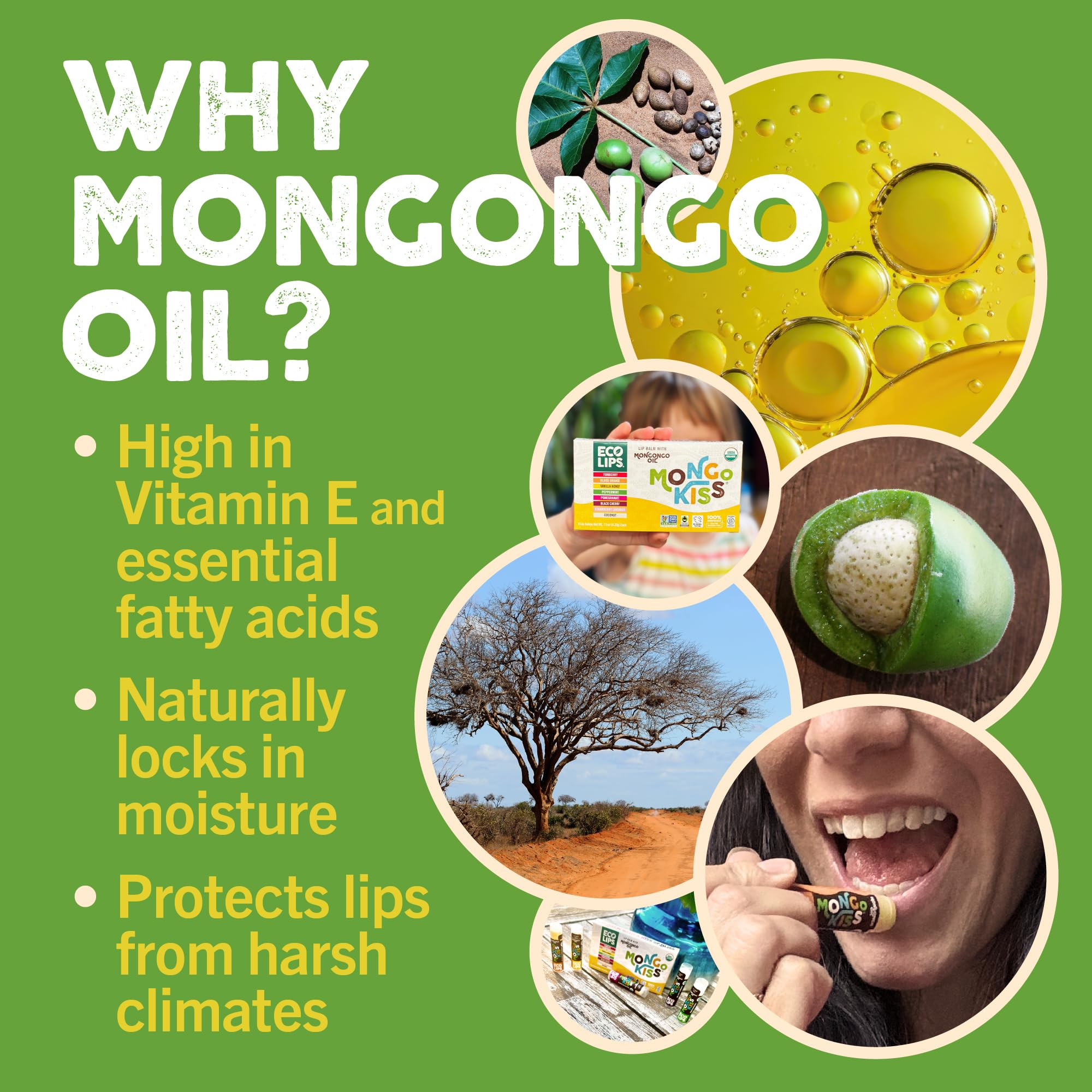 Mongo Kiss USDA Organic Lip Balm Set 8-pack (0.15 oz. each) with Mongongo Oil & Cocoa Butter to Moisturize Chapped Lips | Made in USA by Eco Lips (Variety)