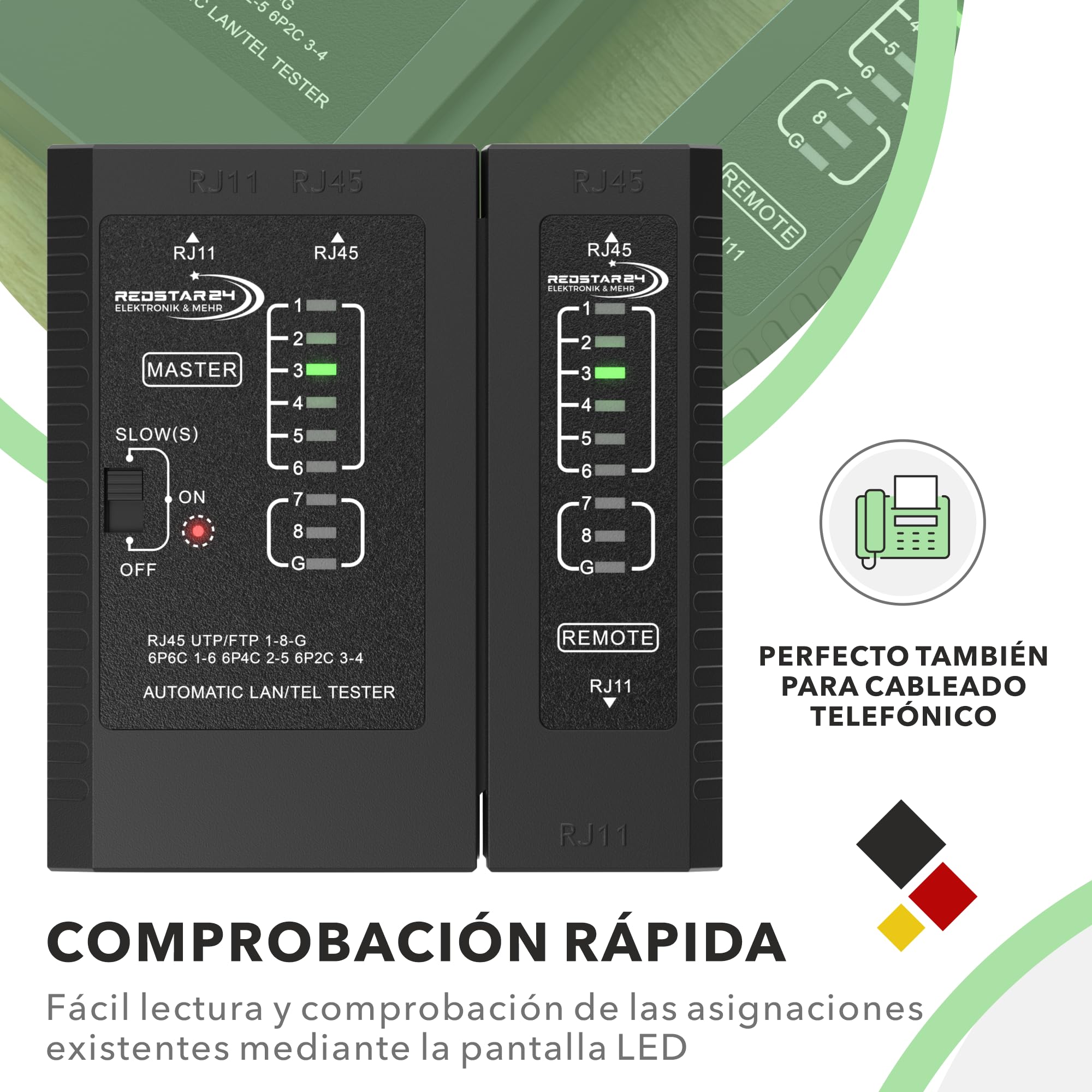 RedStar24 Comprobador RJ45 - Probador Red - Tester Cables LAN RJ11, RJ12, RJ45 para Patch Cables - LEDs Prueba para Testeo Preciso LAN y Red - Ideal para Tests Cables y Líneas