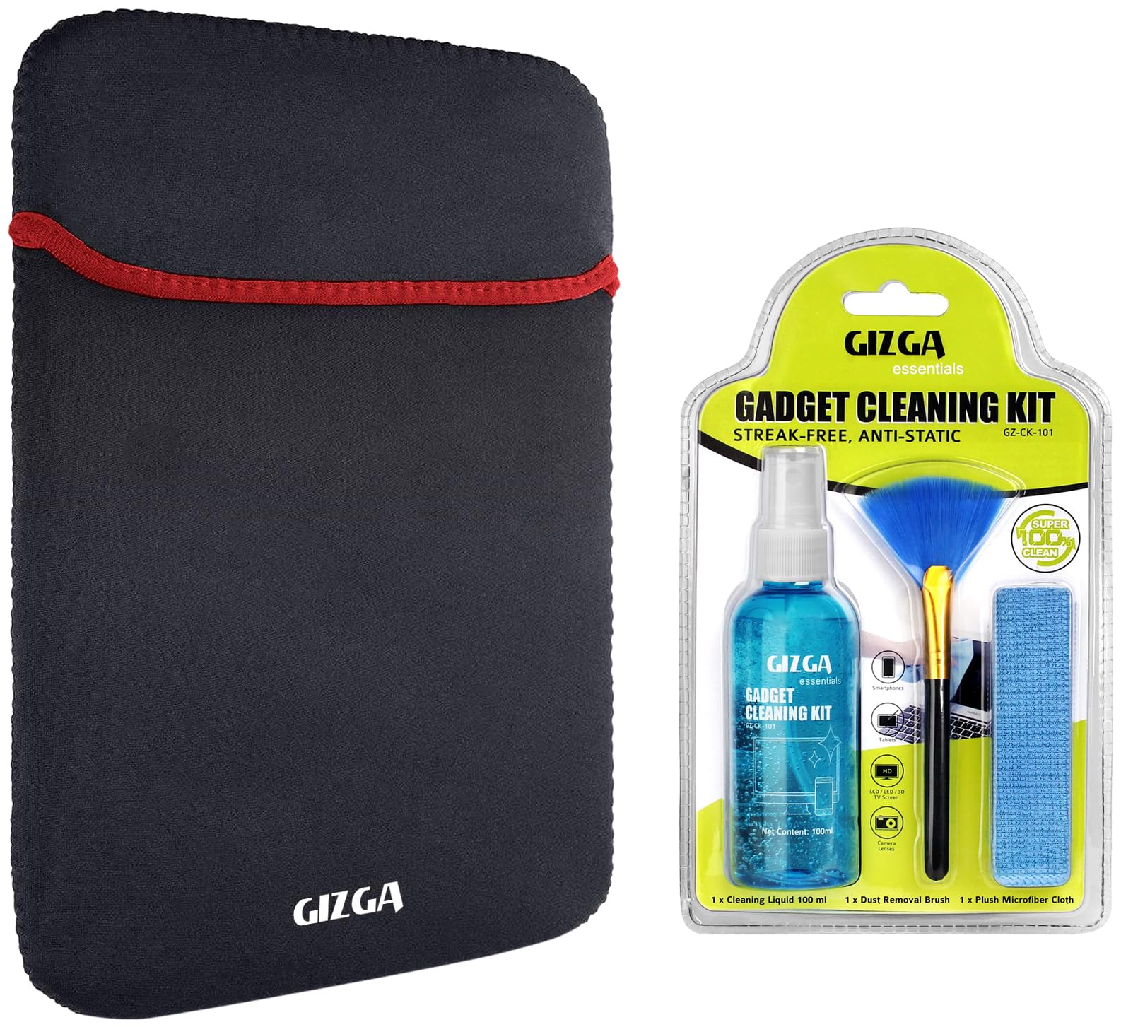 Gizga Essentials Professional 3-in-1 Cleaning Kit for Camera, Lens, Binocular && GIZGA Club-Laptop Neoprene Reversible for 15.6-inches Laptop Sleeve - Black-Red