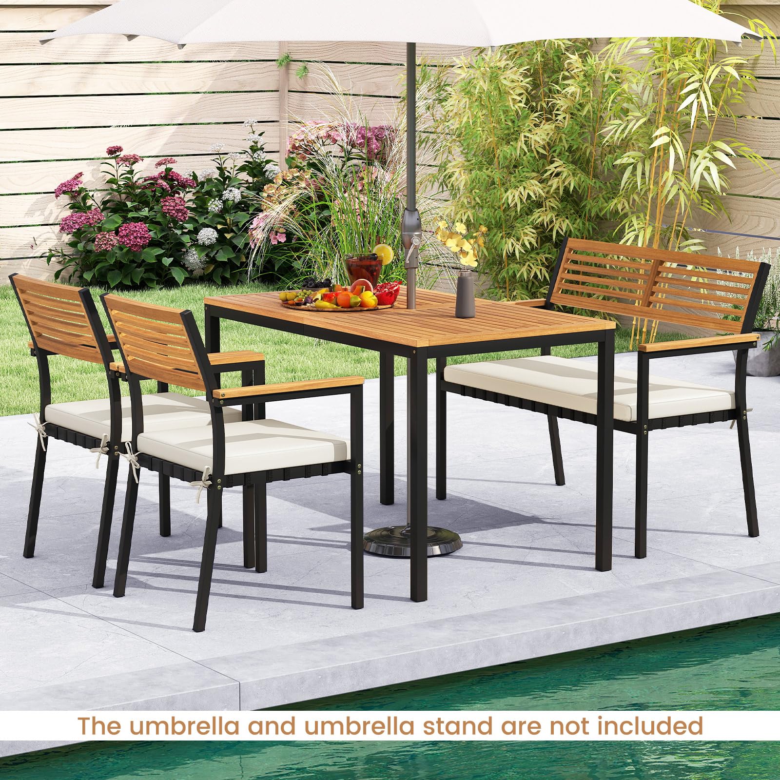 KOMFOTTEU 4-teiliges Gartenmöbel Set aus Akazienholz & Metall, Sitzgruppe für 4 Personen, Balkonmöbel mit Tisch, Bank & 2 Stühlen, Essgruppe mit Sitzkissen und Sonnenschirmloch, für Garten & Balkon