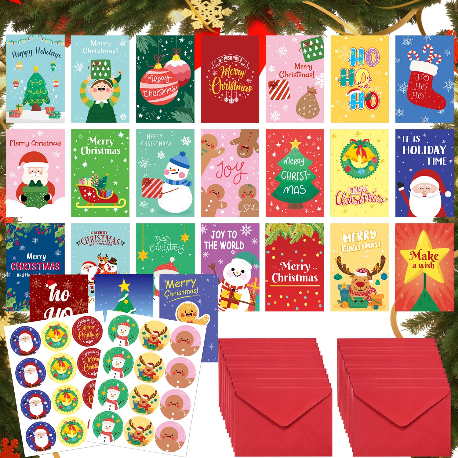 72 PCS Christmas Cards with Envelopes, Pack of 24. Christmas Greeting Cards Red Envelopes Sealing Stickers, Xmas Cards Packs Seasonal Greeting for Festive Gifts, Colleagues, Family