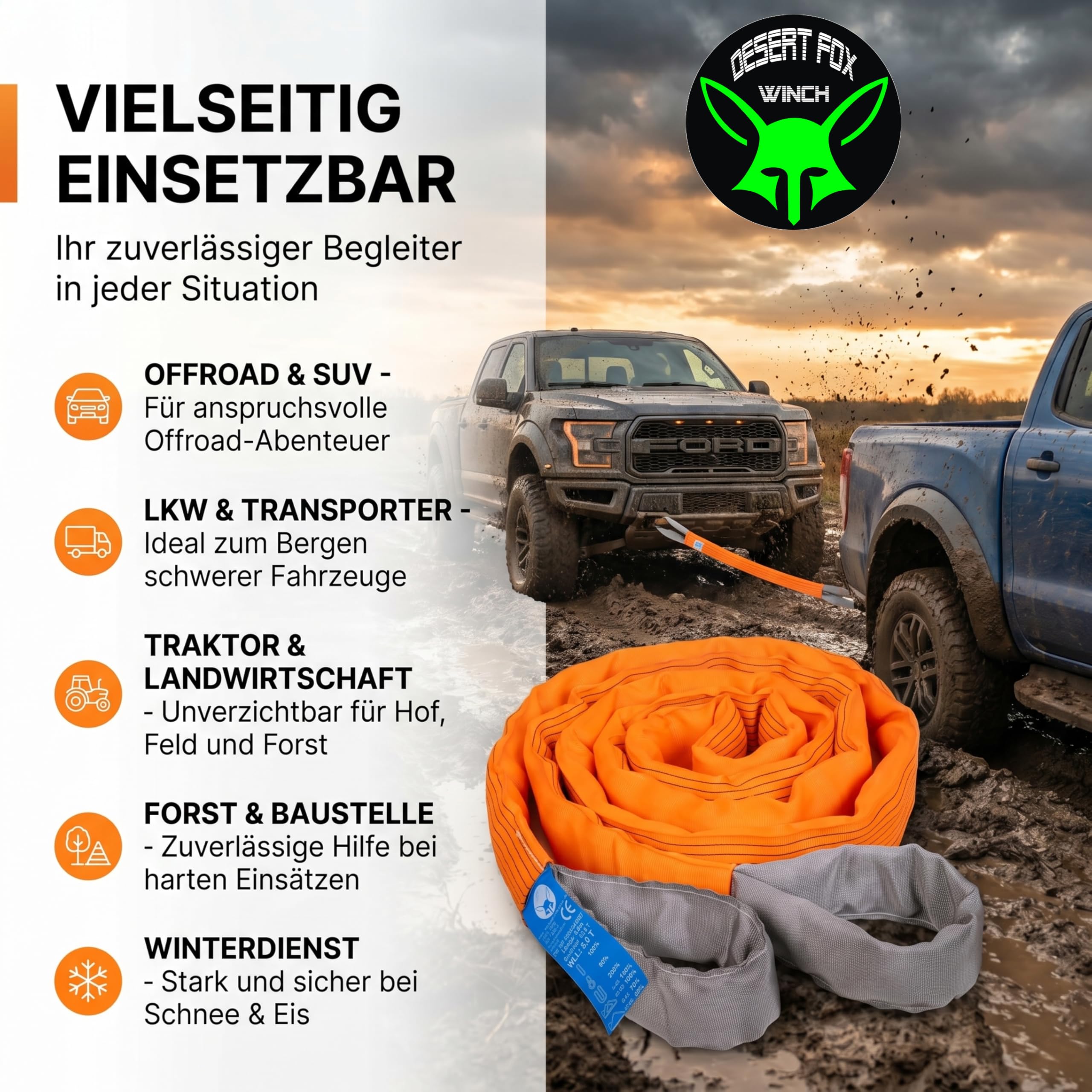 35T Abschleppseil 5m Orange – Profi Bergegurt mit verstärkten Schlaufen | Extrem belastbarer Abschleppgurt für Offroad, SUV, Traktor, LKW & Forst