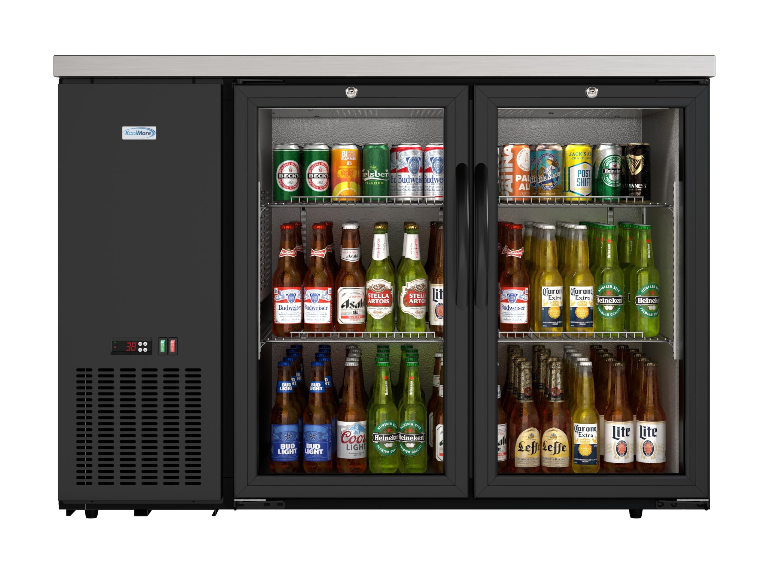 KoolMore 47 In. Commercial Two Glass Door Back Bar Refrigerator Cooler For Beer Bottle & Can Storage With Side Condenser And Compressor, LED Lighting, 11 Cu. Ft. Capacity, Etl Listed In Black on Fridge.com - View 1