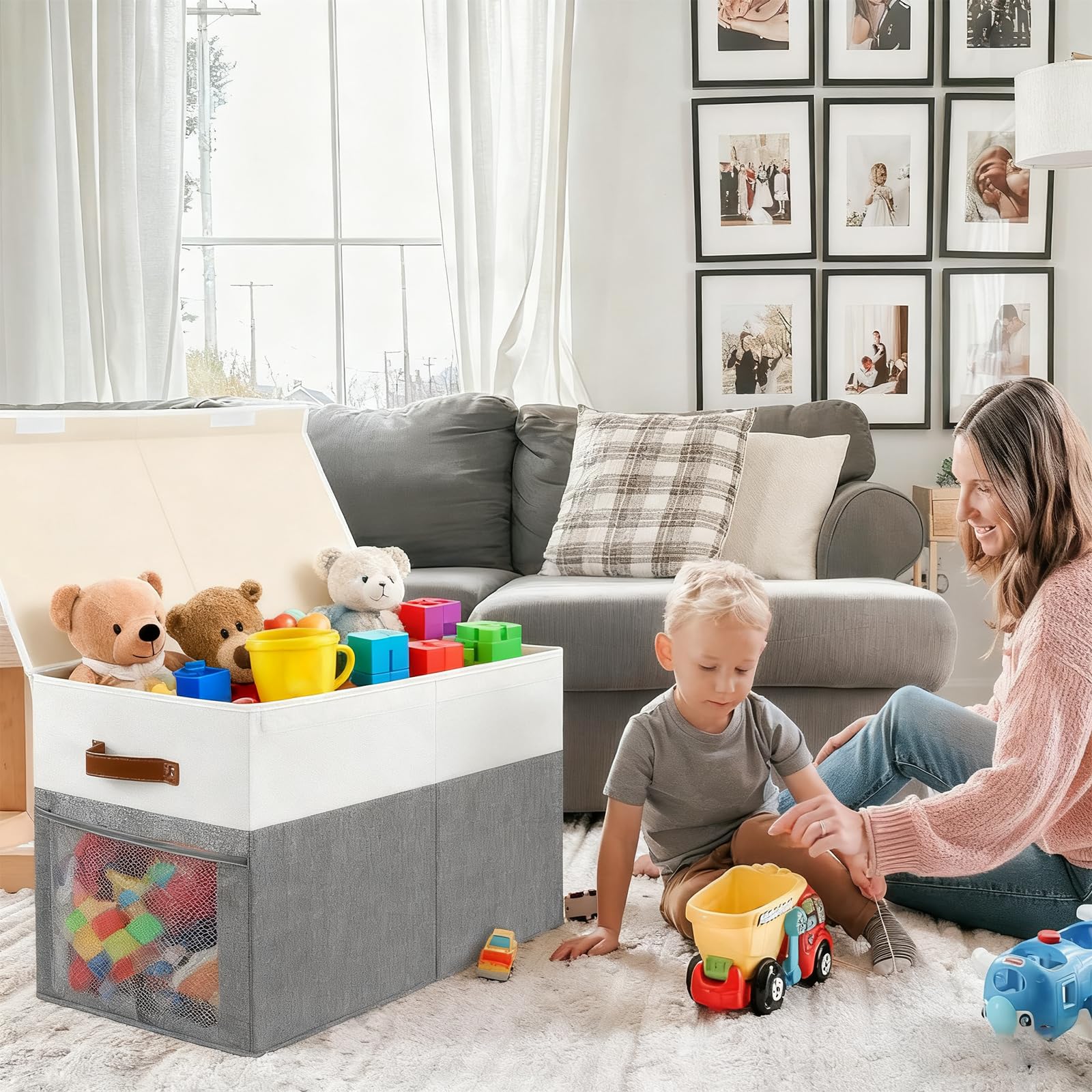 Caja Almacenaje Juguetes con Tapa, Gran Caja de Almacenamiento Plegable para Niños 62x32x40 cm con Asas y Divisor Extraíble, Organizador Almacenaje Juguetes Infantil para Habitación, Grey