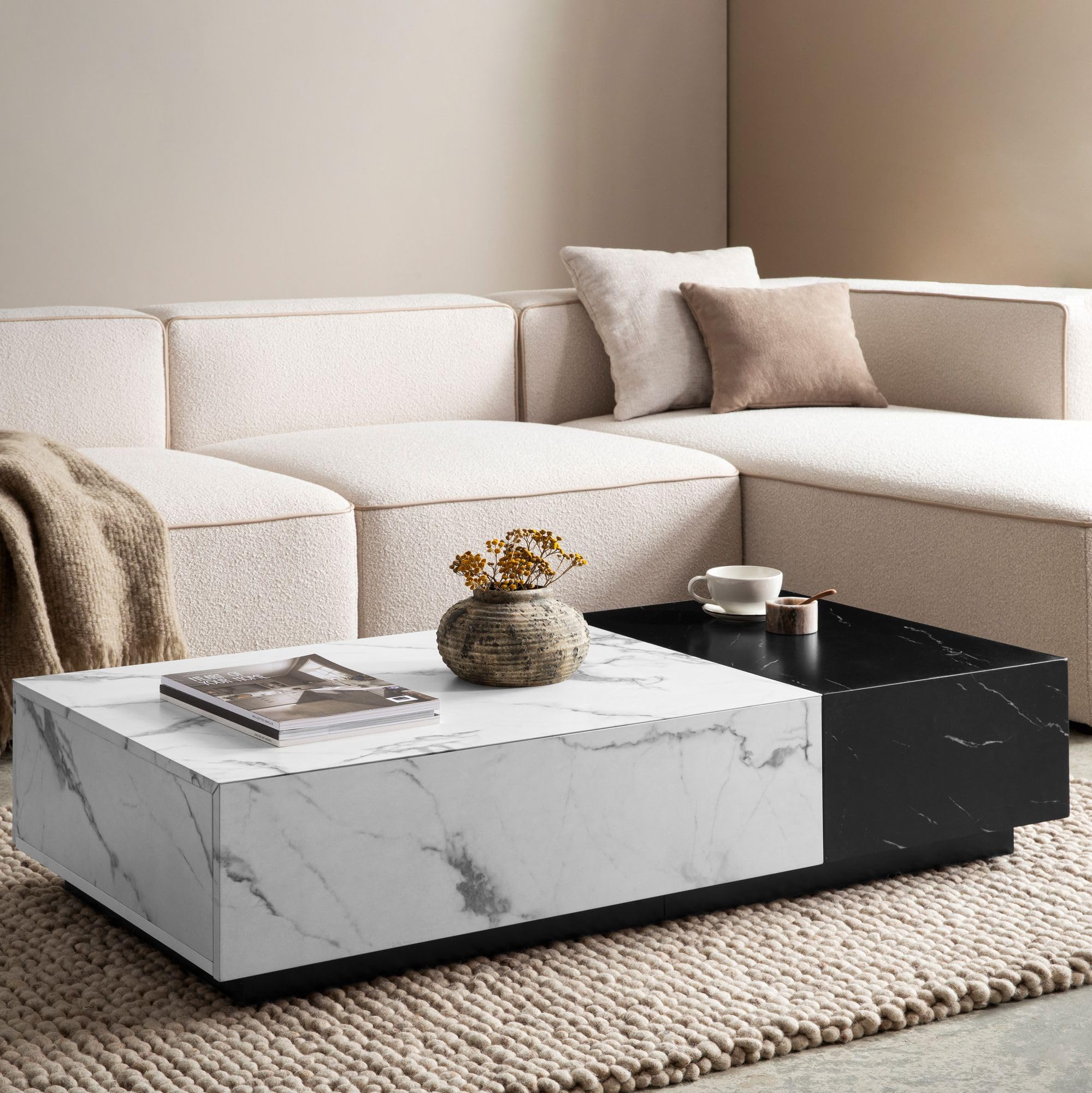 FineBuy Couchtisch 120x60x28 cm Weiß Schwarz Marmor-Optik, Schubladen