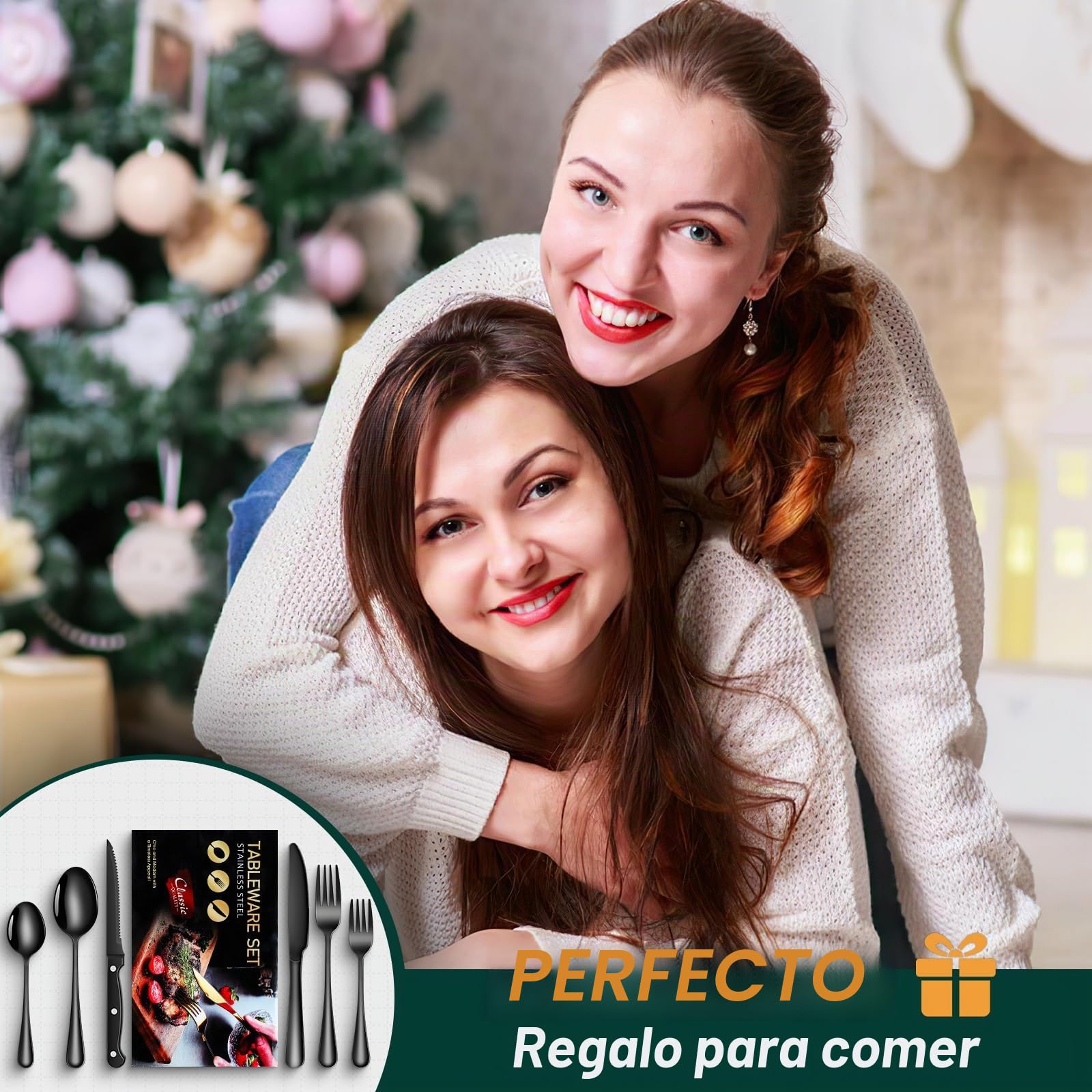 TAN REN Cuberteria negra para 8 personas, Juego de cubiertos de acero inoxidable de 48 piezas(Negro), incluye cuchillo, tenedor, cuchara, cuchillo de carne, pulido espejo, apto para lavavajillas