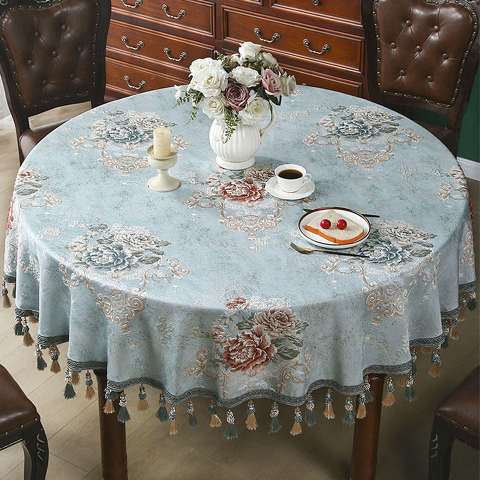 Tovaglia rotonda retrò europea con bordi in tessuto con nappe, ideale per matrimoni, banchetti, riunioni, diametro 240 cm, decorazione per la casa