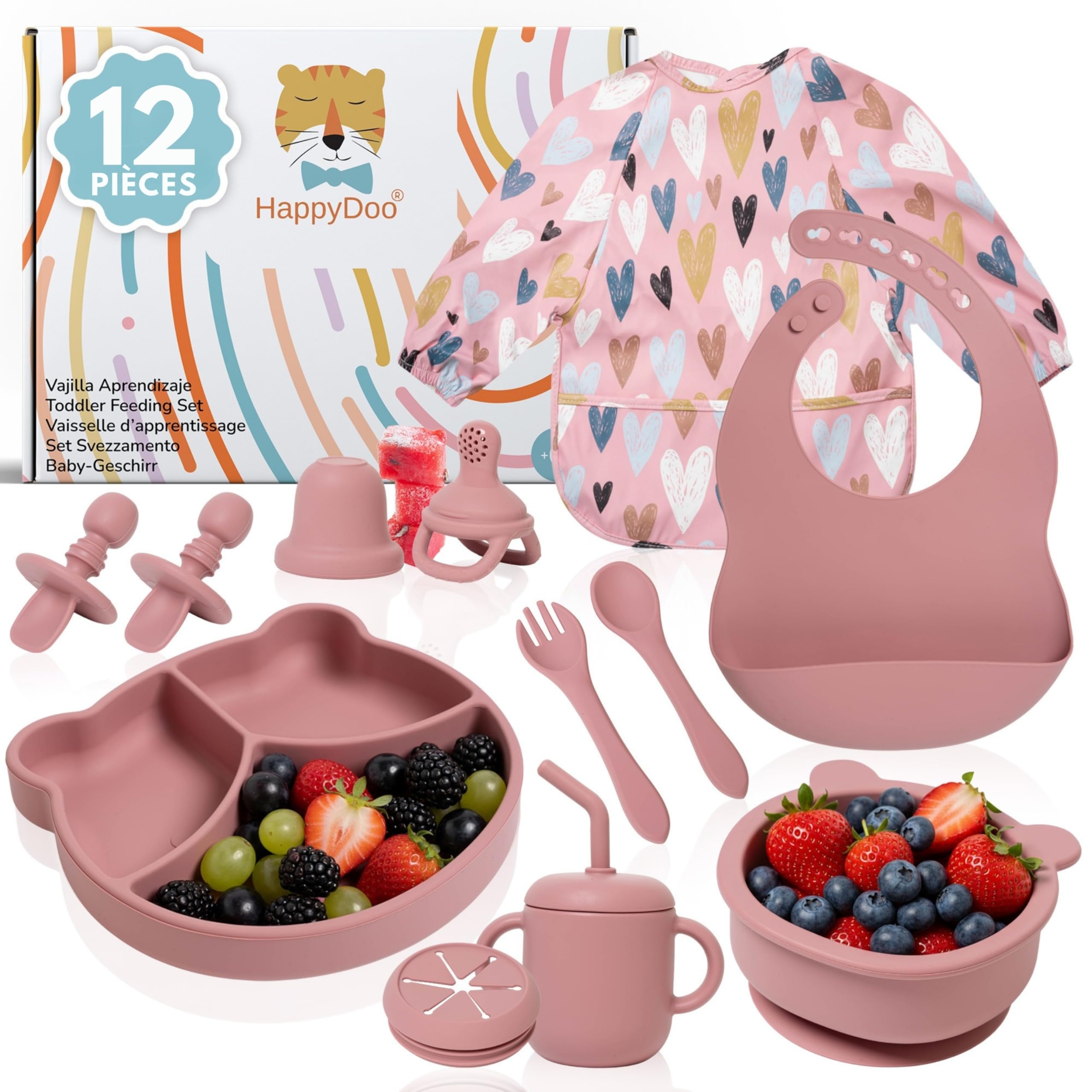 Coffret Repas Bébé en Silicone 12 Pièces | Assiette à Ventouse + Bol + Tasse 3en1 + Couverts + Bavoirs Imperméables + Tétine Grignoteuse | Sans BPA | Compatible Micro-ondes et Lave-vaisselle