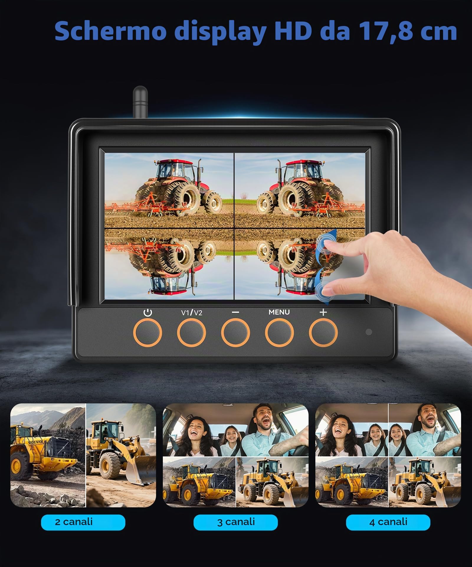 VECHTEL Kit Telecamera Posteriore IPS HD 7 Pollici senza Fili con 1 Telecamere, Telecamera Retromarcia Auto con BSD Impermeabile IP68 Visione Notturna Supergrandangolo per 12-36V Veicoli da Cantiere