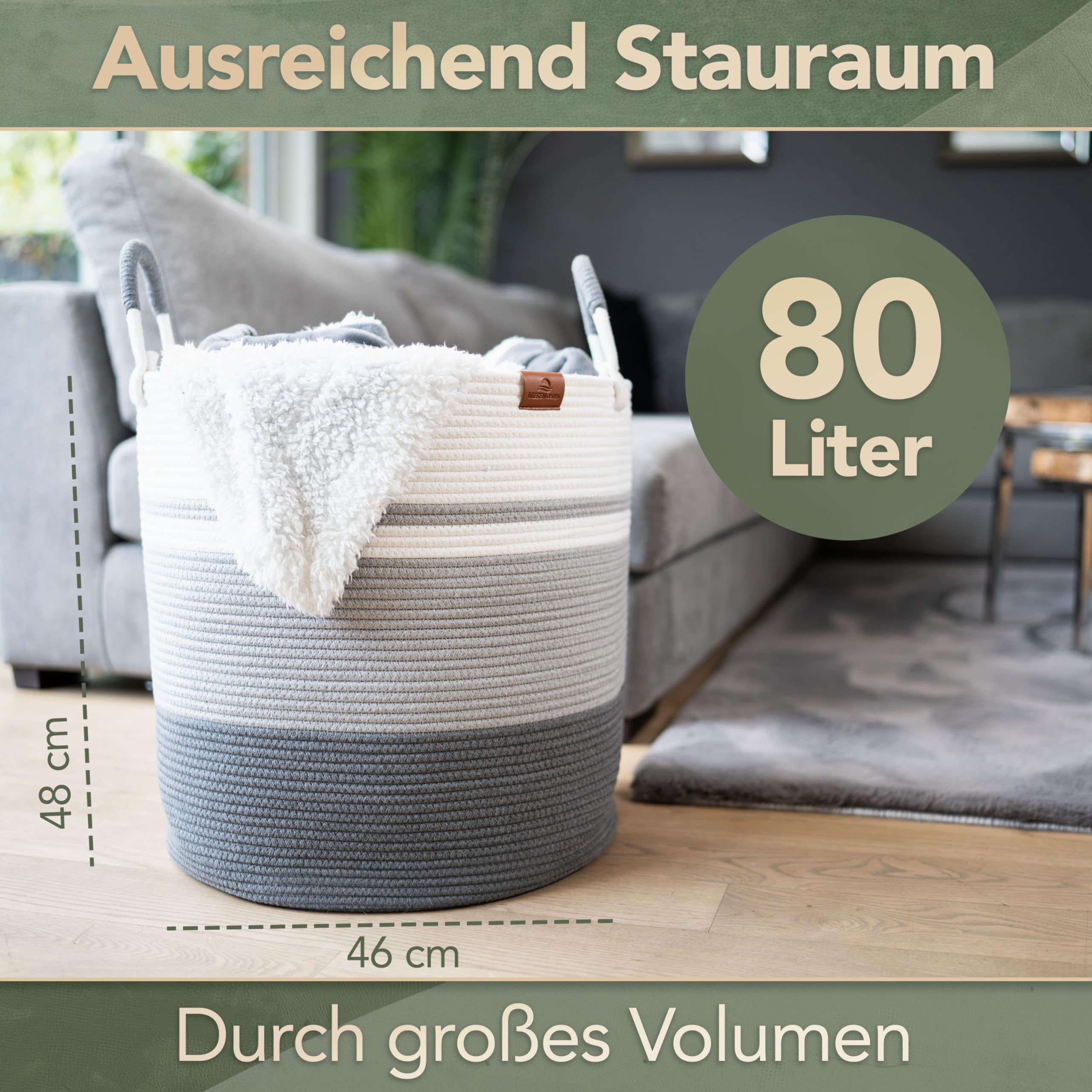 Korb EMILIA Ø46xH48 cm Grau/Weiß/80L, Wäschekorb geflochten aus Baumwolle, Wäschesammler, Aufbewahrungskorb groß, Korb geflochten, faltbarer Wäschekorb, Wäschetonne, laundry basket