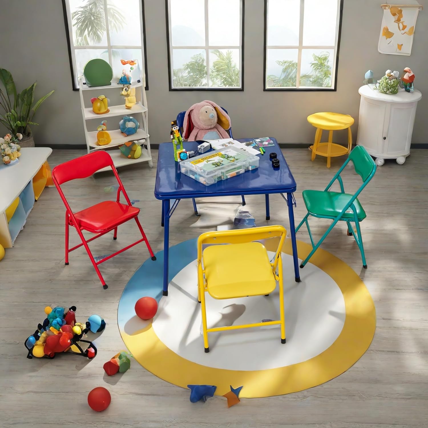 Homy Casa Folding Table and Chairs Set for Kids Dining Room Daycare and Classrooms, Children's Activity Table and Chairs Set, Space Save (Blue, 5 Piece)
