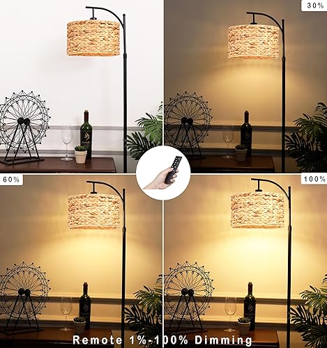 Miniatura 2 de QIYIZM Lámpara de pie para sala de estar, dormitorio, ratán bohemio, lámpara de pie con mando a distancia regulable de mimbre negro, lámpara de