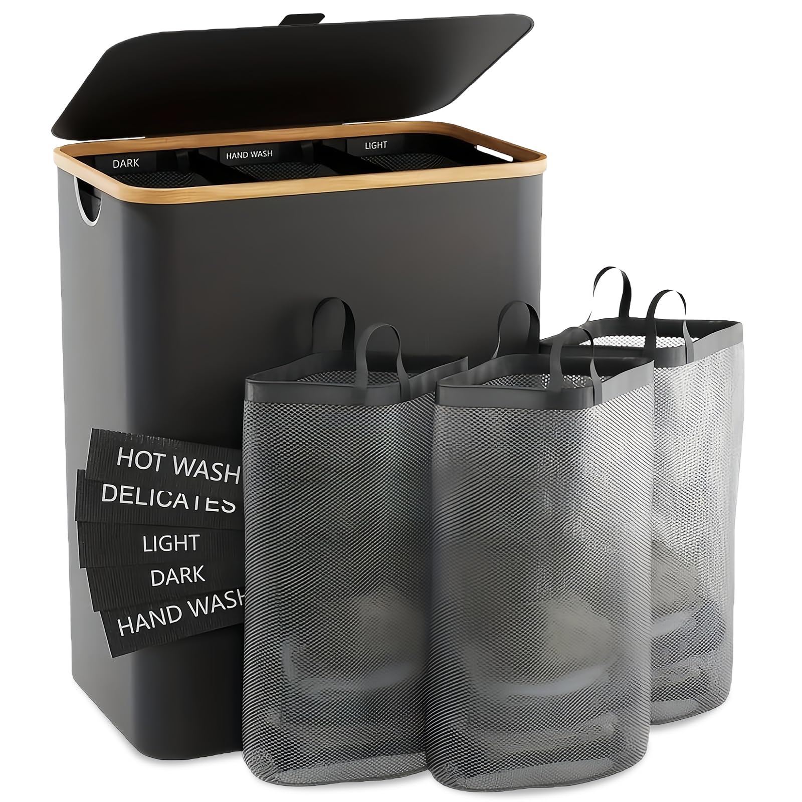160L Laundry Basket with Lid, 3 Compartment Foldable Laundry Hamper, Extra-Large Clothing Sorting Bin with Lid, Washing Basket for Separating Clothes in Bathrooms, Bedrooms, and Laundry Rooms (Black)