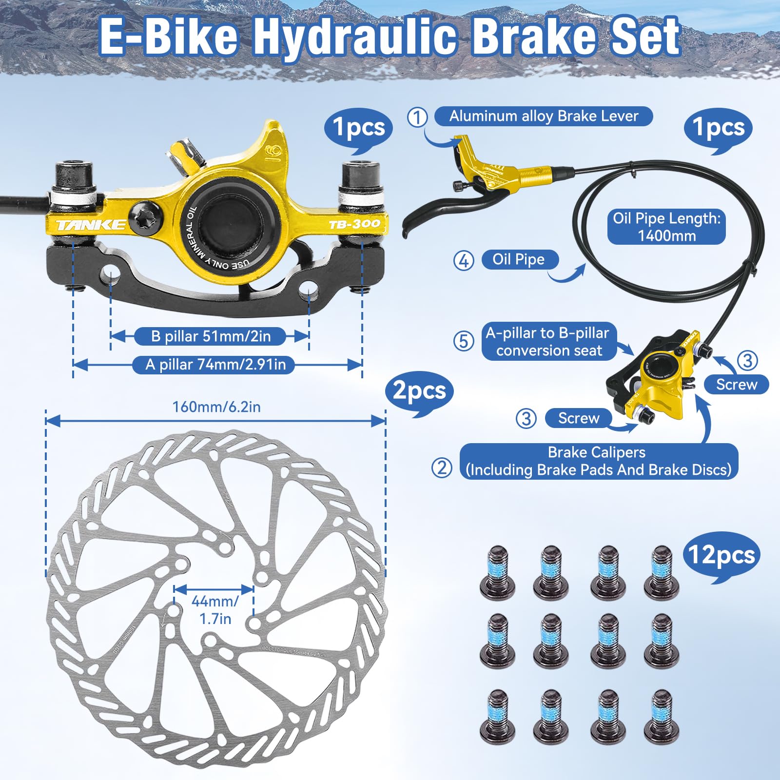 Zestawy hamulców tarczowych do rowerów Buachois, hydrauliczny zestaw hamulców do E-Bike z wirnikami 160 mm, dźwignie ciśnienia oleju 89 cm z lewej i 147 cm z prawej do elektrycznego skutera (złoto)