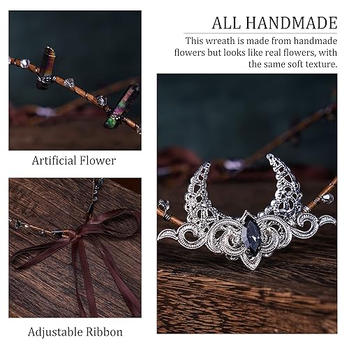 Miniatura 5 de MOSTORY Orejas de elfo con diadema, corona de bosque, orejas de hada y ramitas verdes, disfraz de cosplay para mujer, Plateado negro