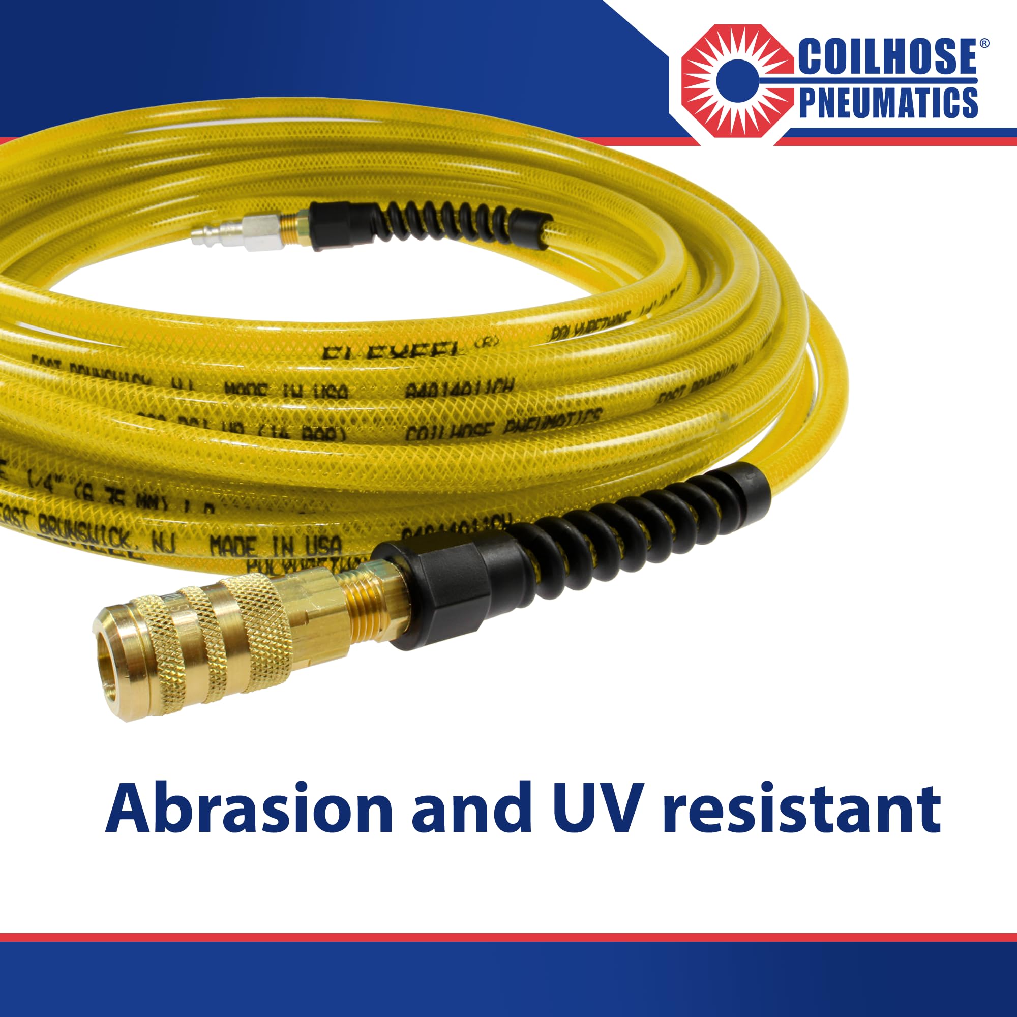 Coilhose PFE4100TYS15X Flexeel - Manguera de aire de poliuretano reforzada, 1/4" ID, 100' de longitud con acoplador y conector industrial de 1/4", color amarillo transparente