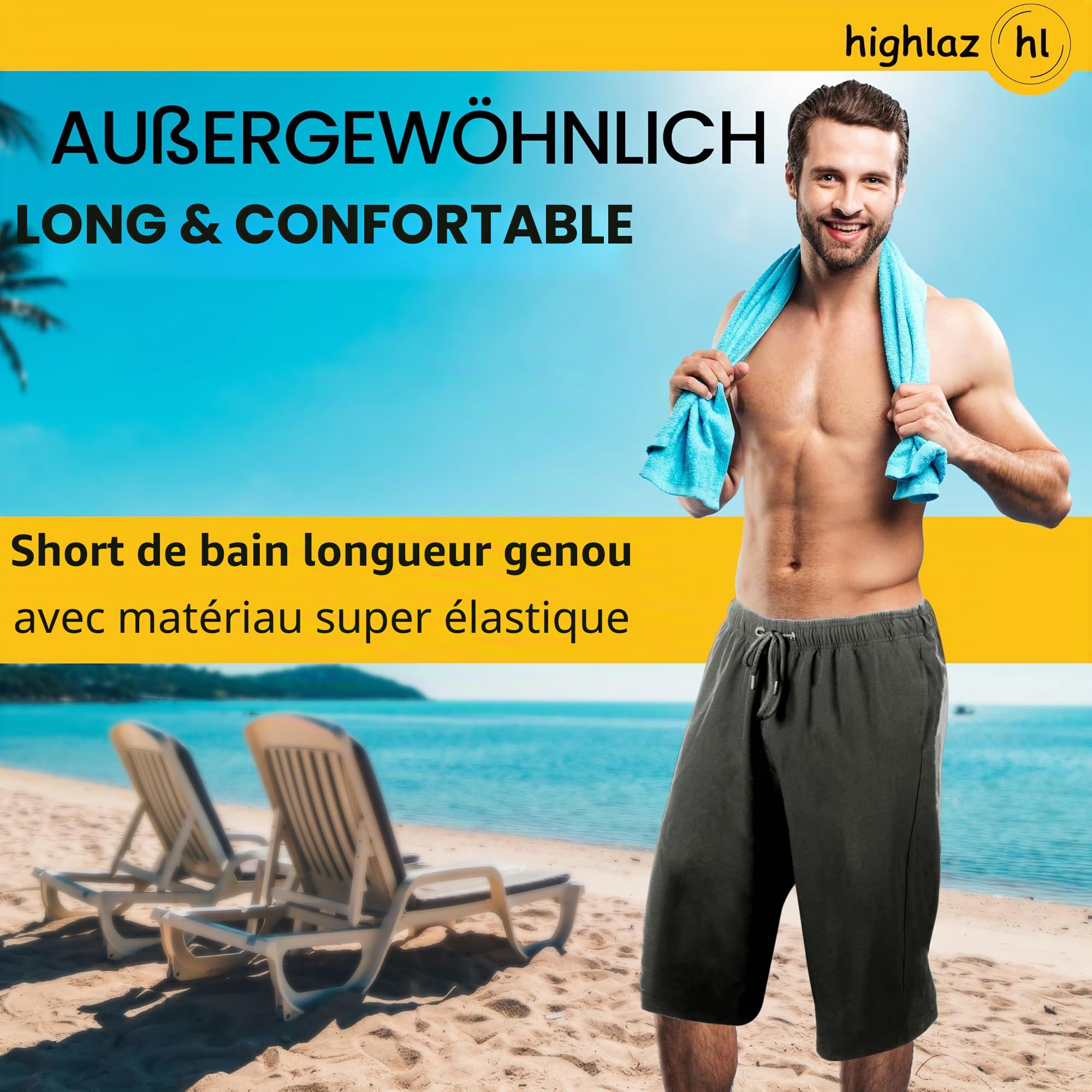 Short de bain pour homme, confortable, extra long, avec poches zippées, respirant, séchage rapide