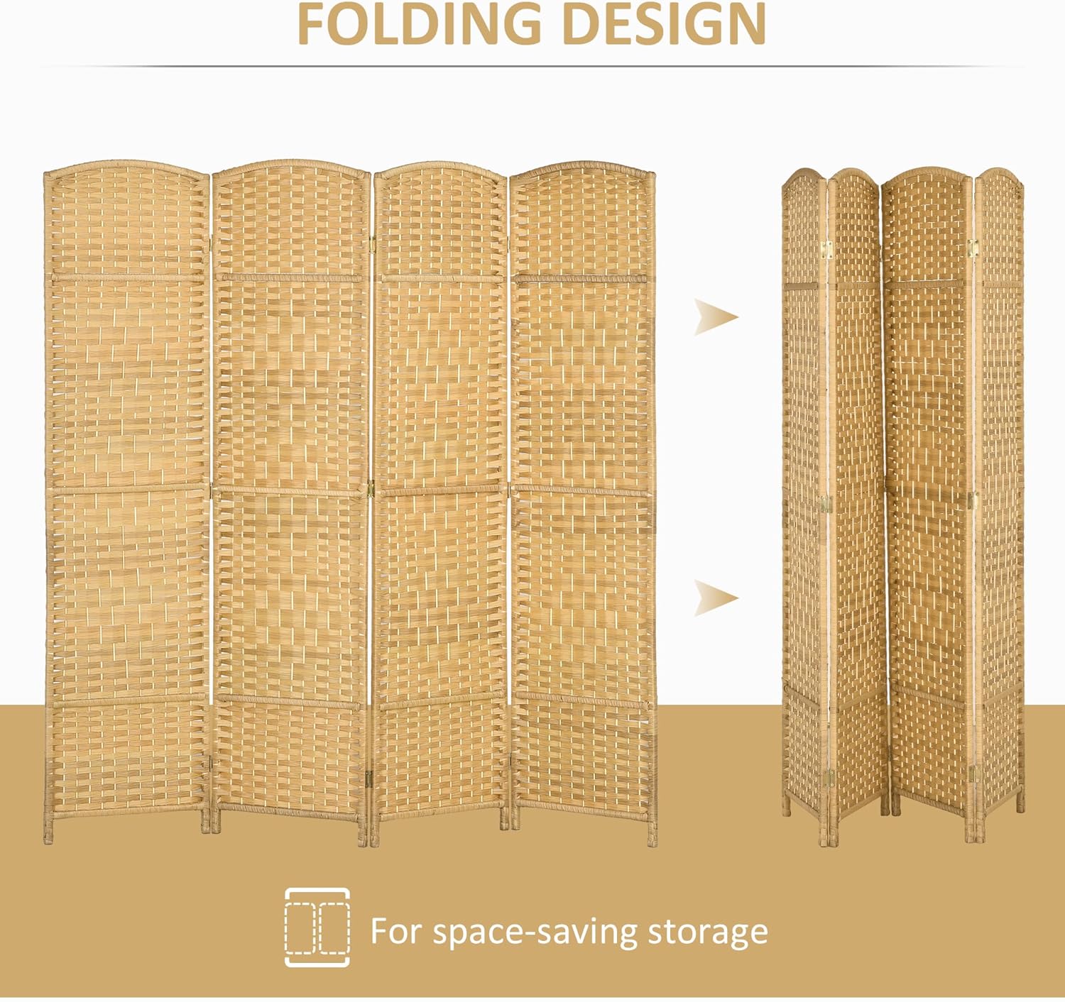 Diagram showing the room divider in its extended and folded states for space-saving storage.